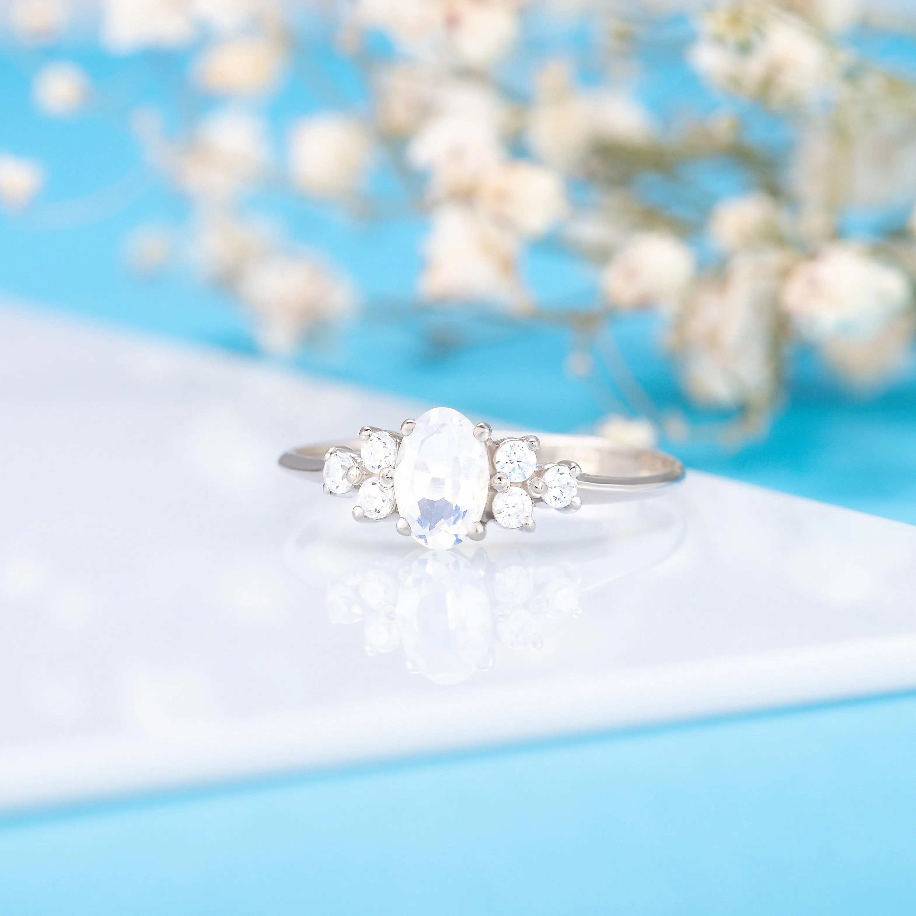 Dainty & elegant 925 sterling silver oval moonstone & cz promise ring for her