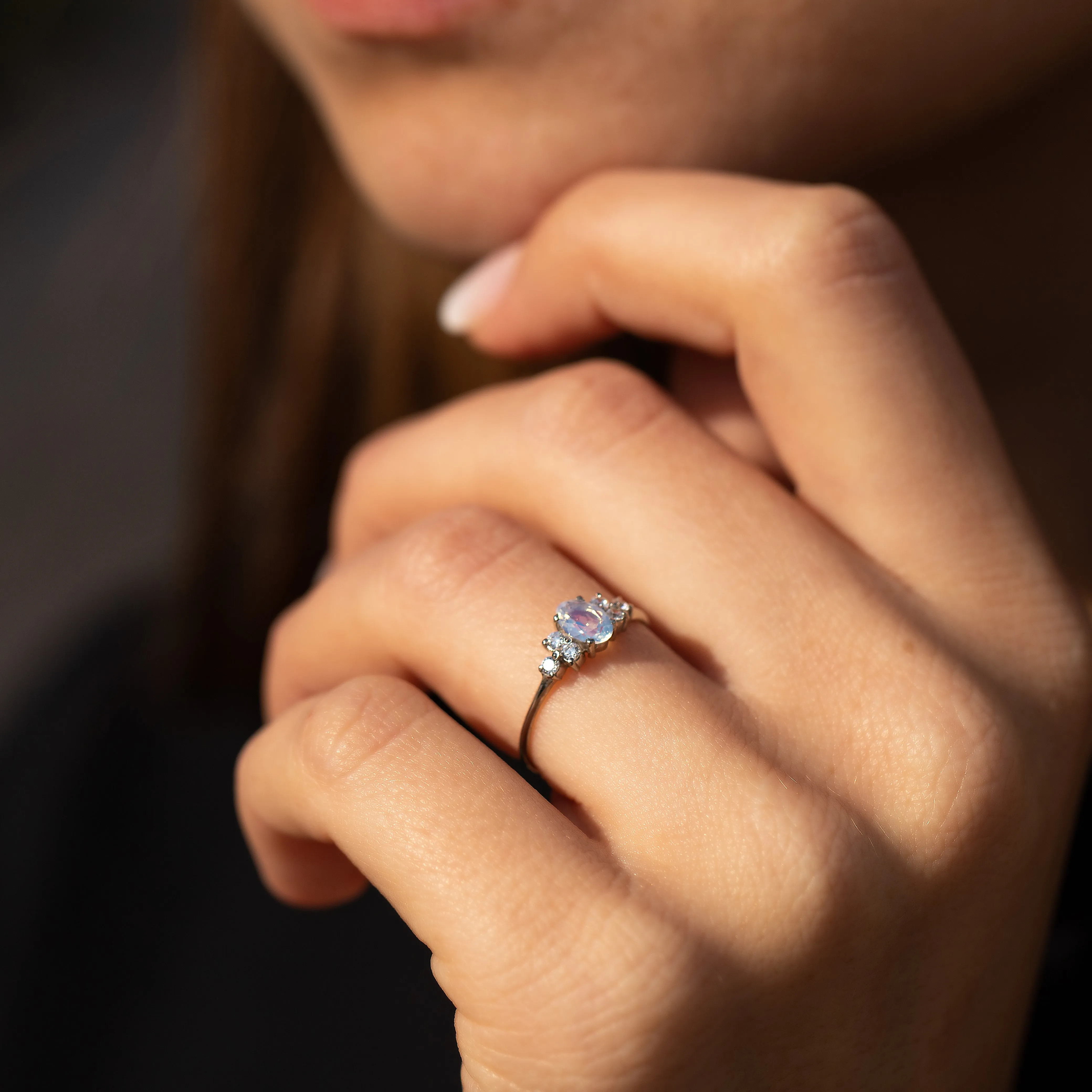 Dainty & elegant 925 sterling silver oval moonstone & cz promise ring for her