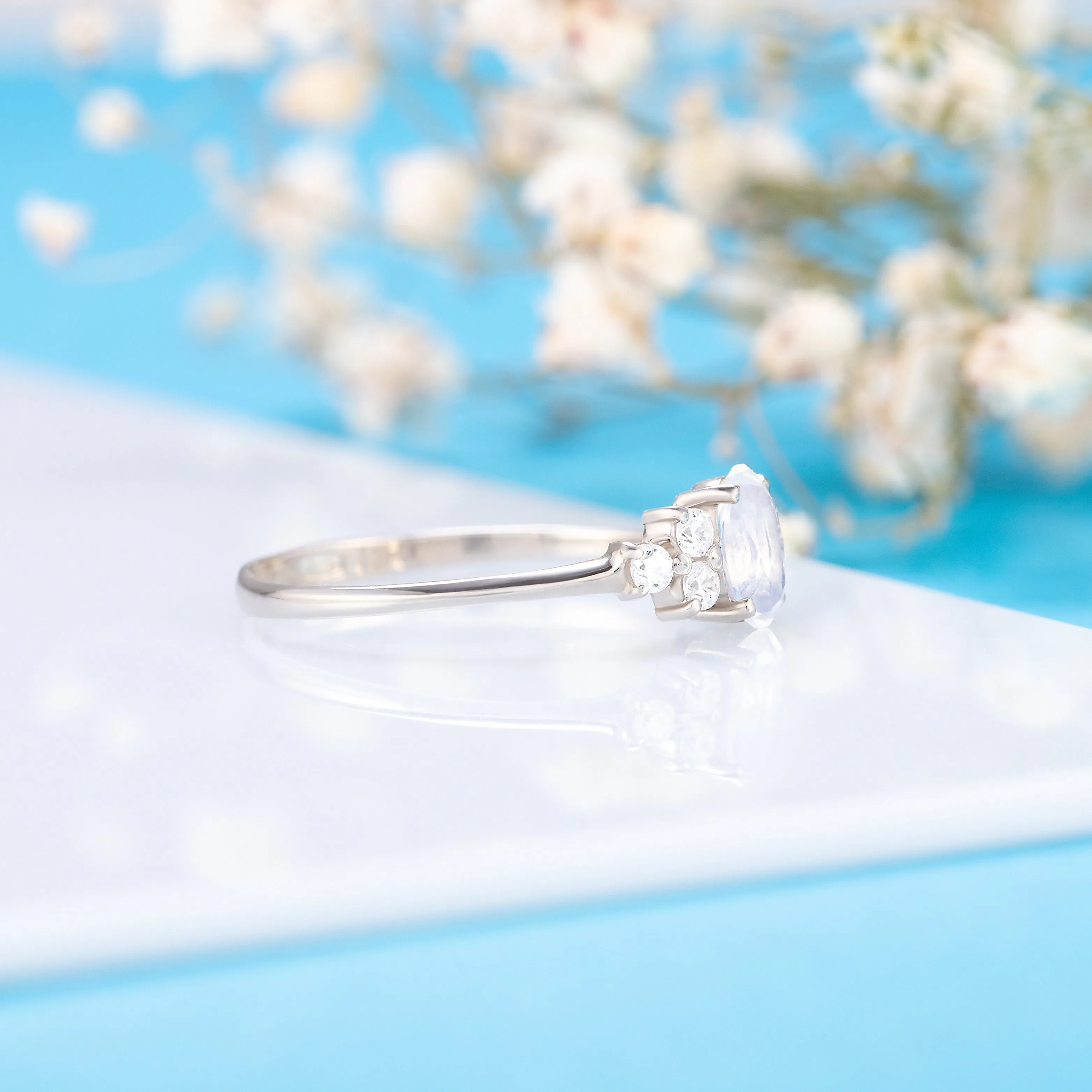 Dainty & elegant 925 sterling silver oval moonstone & cz promise ring for her