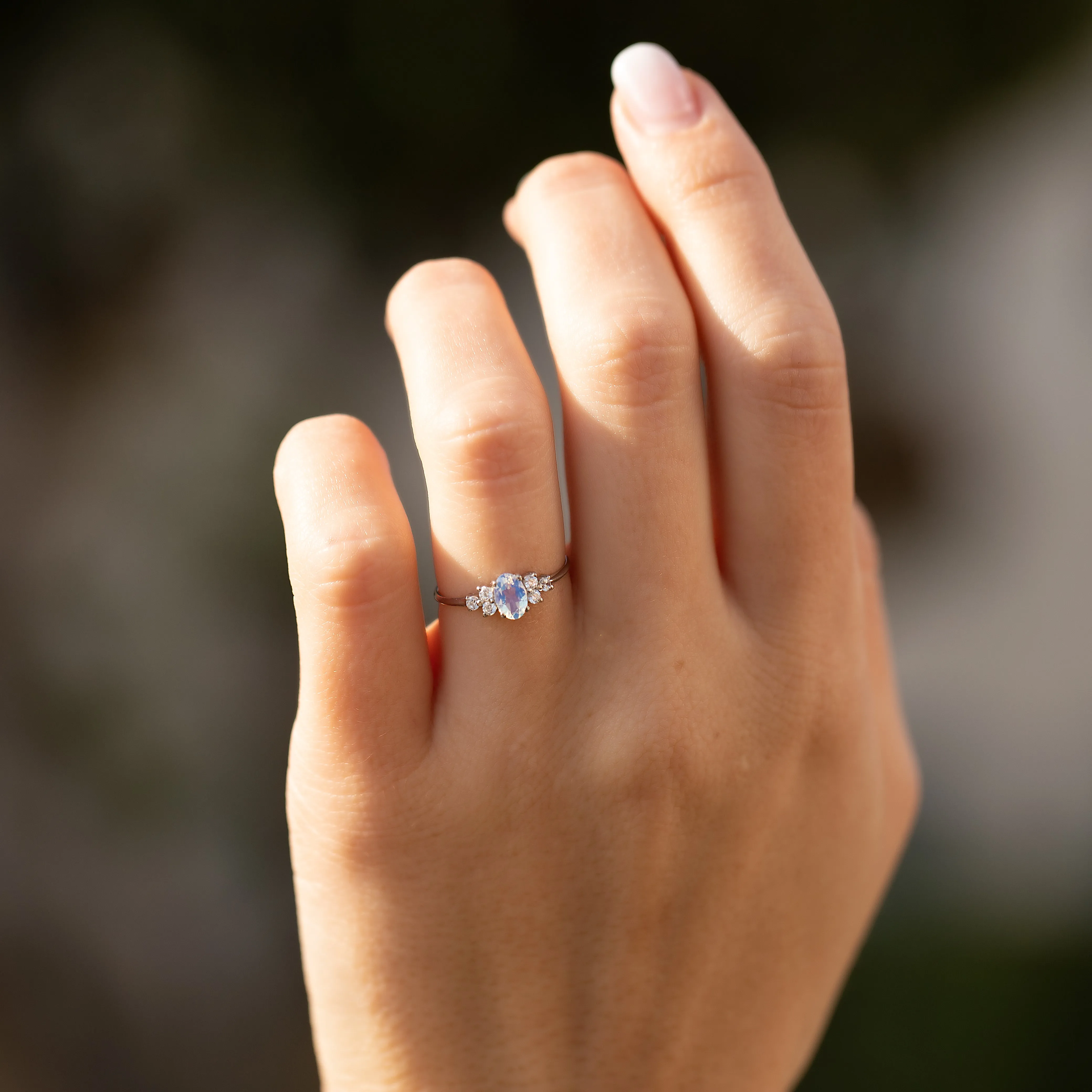 Dainty & elegant 925 sterling silver oval moonstone & cz promise ring for her