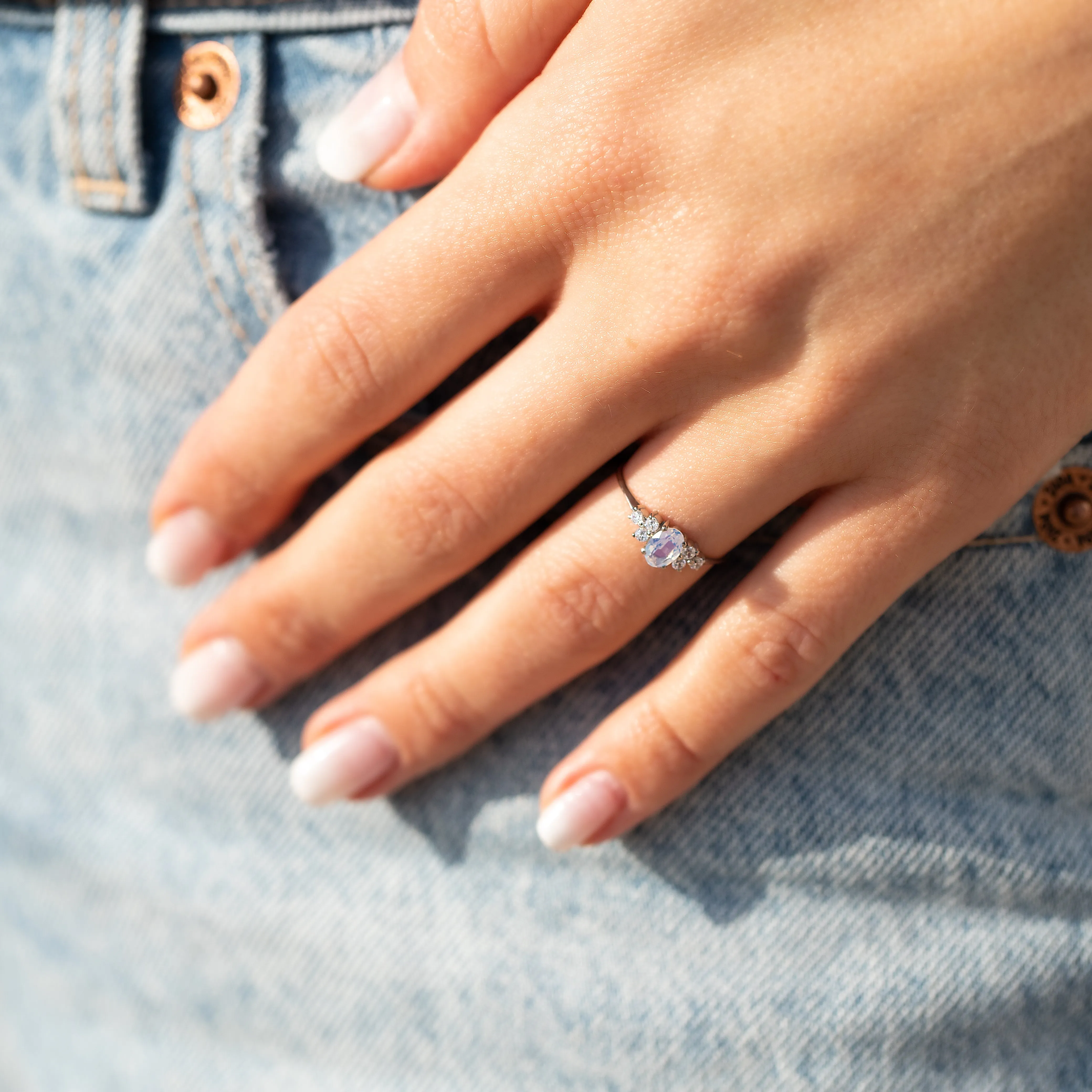 Dainty & elegant 925 sterling silver oval moonstone & cz promise ring for her