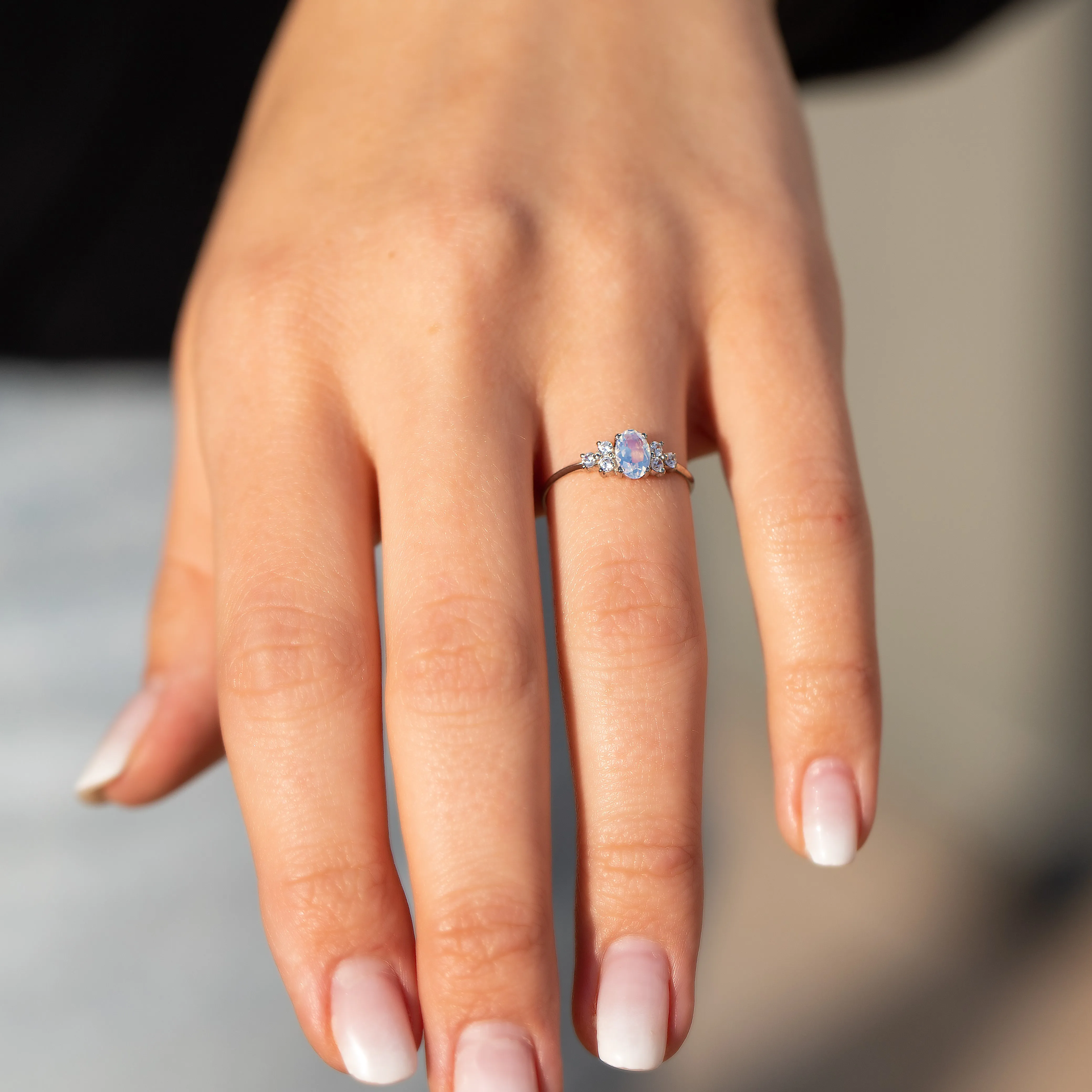 Dainty & elegant 925 sterling silver oval moonstone & cz promise ring for her