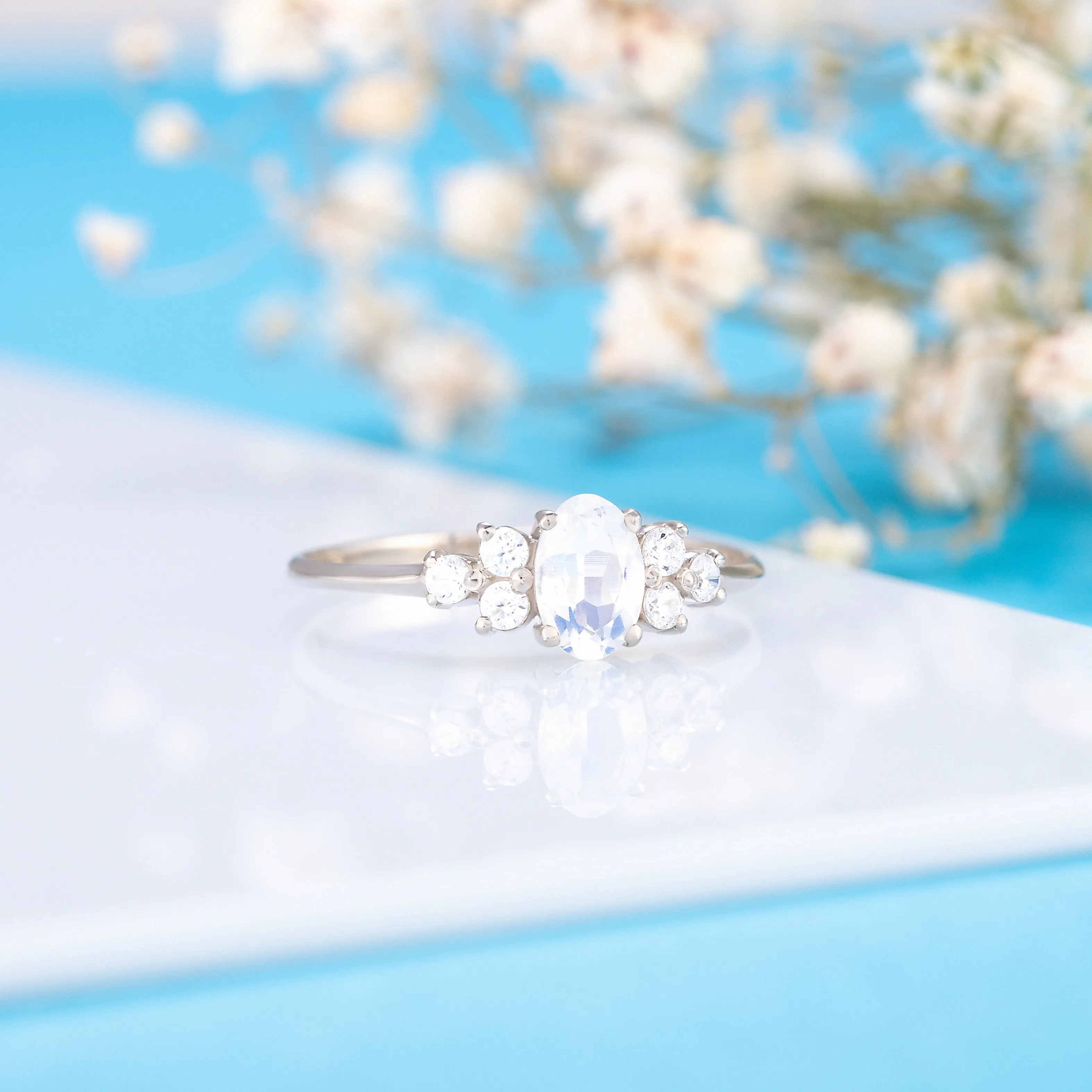 Dainty & elegant 925 sterling silver oval moonstone & cz promise ring for her