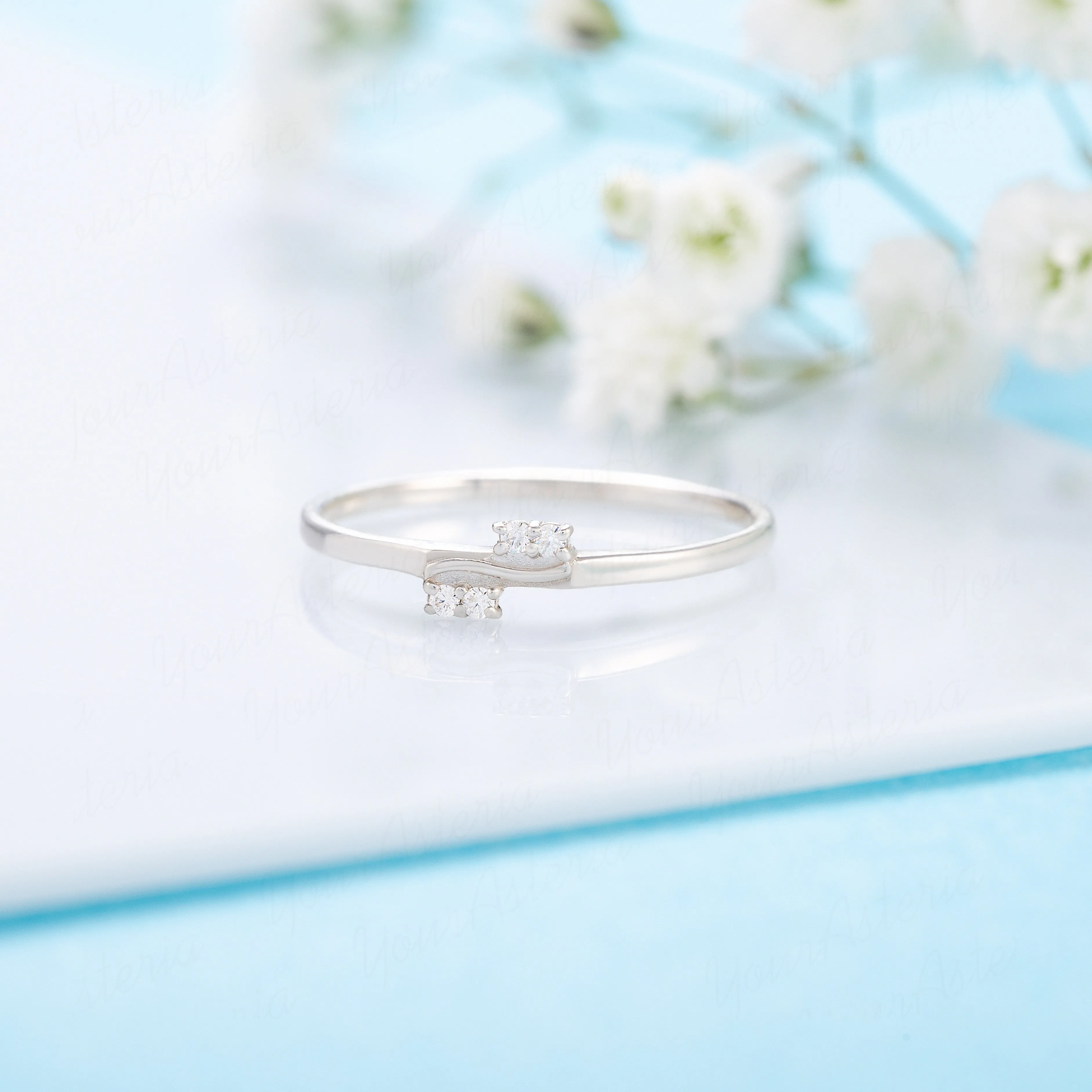 Dainty & elegant women 14k white gold diamond wave wedding band or stacking ring