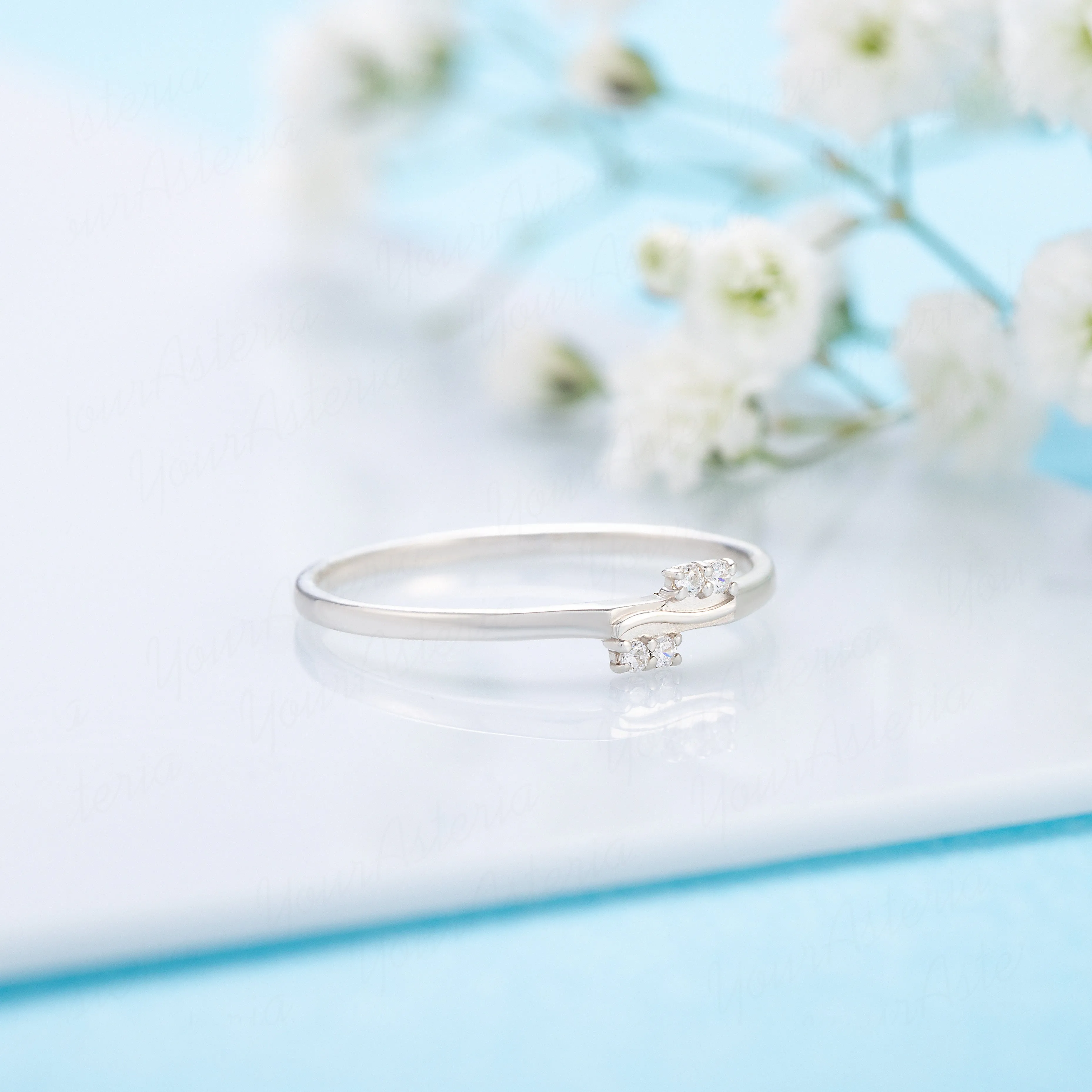 Dainty & elegant women 14k white gold diamond wave wedding band or stacking ring