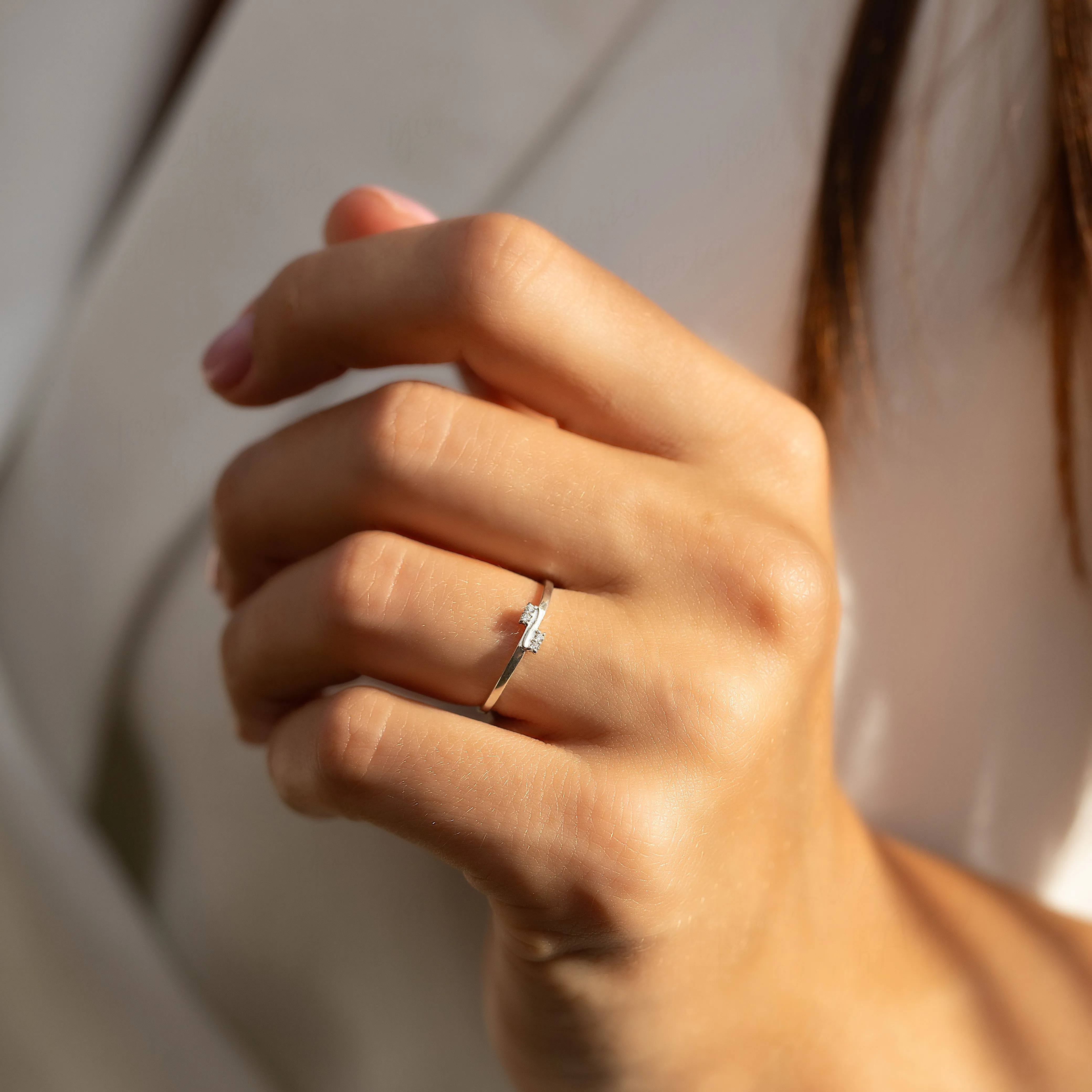 Dainty & elegant women 14k white gold diamond wave wedding band or stacking ring