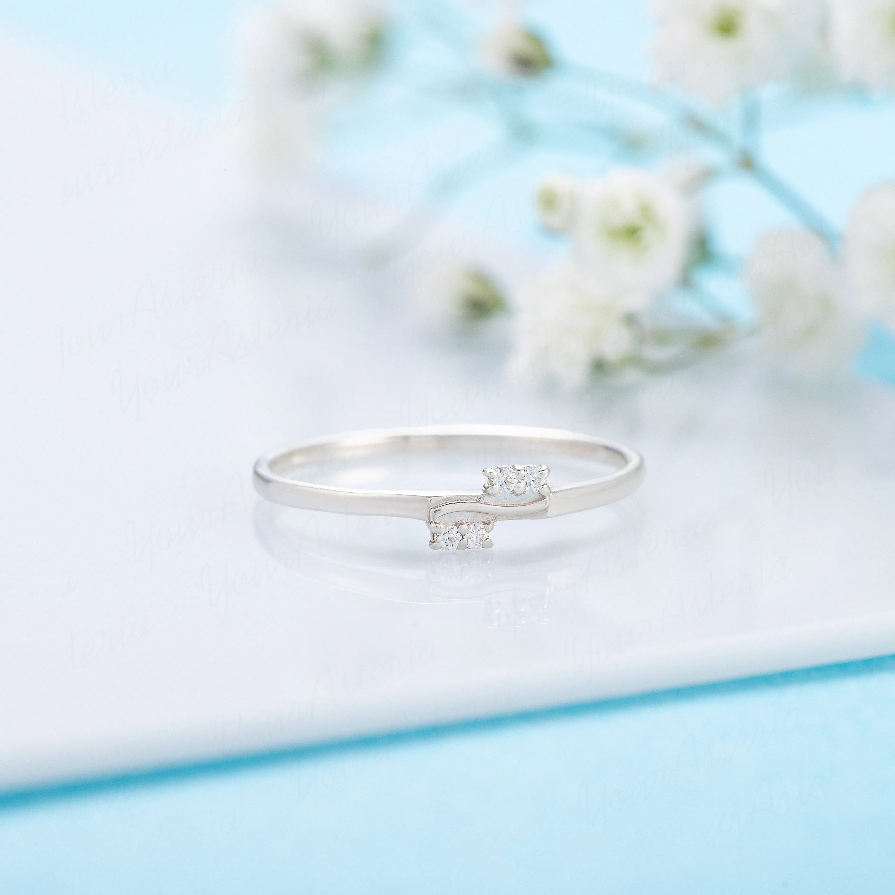 Dainty & elegant women 14k white gold diamond wave wedding band or stacking ring