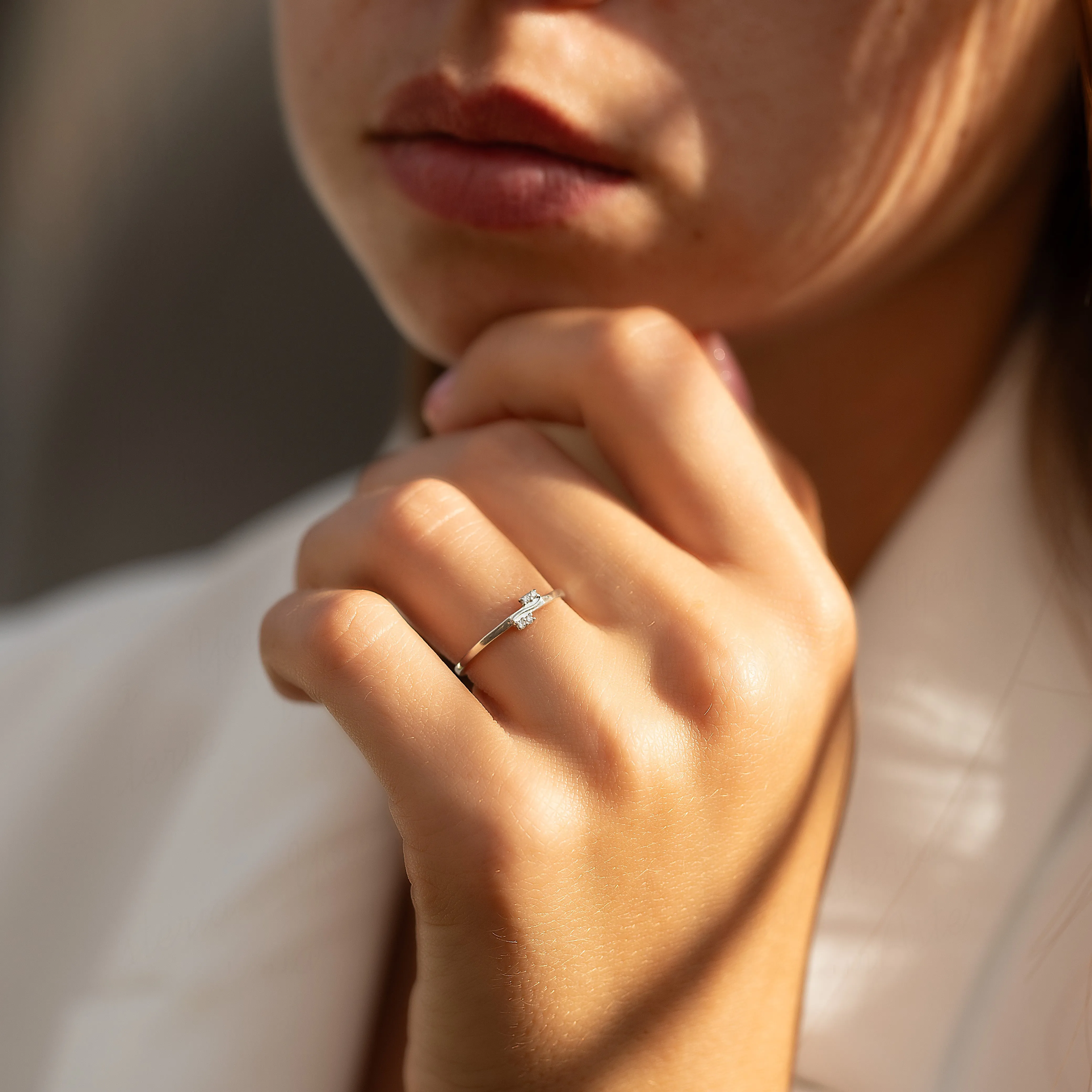 Dainty & elegant women 14k white gold diamond wave wedding band or stacking ring