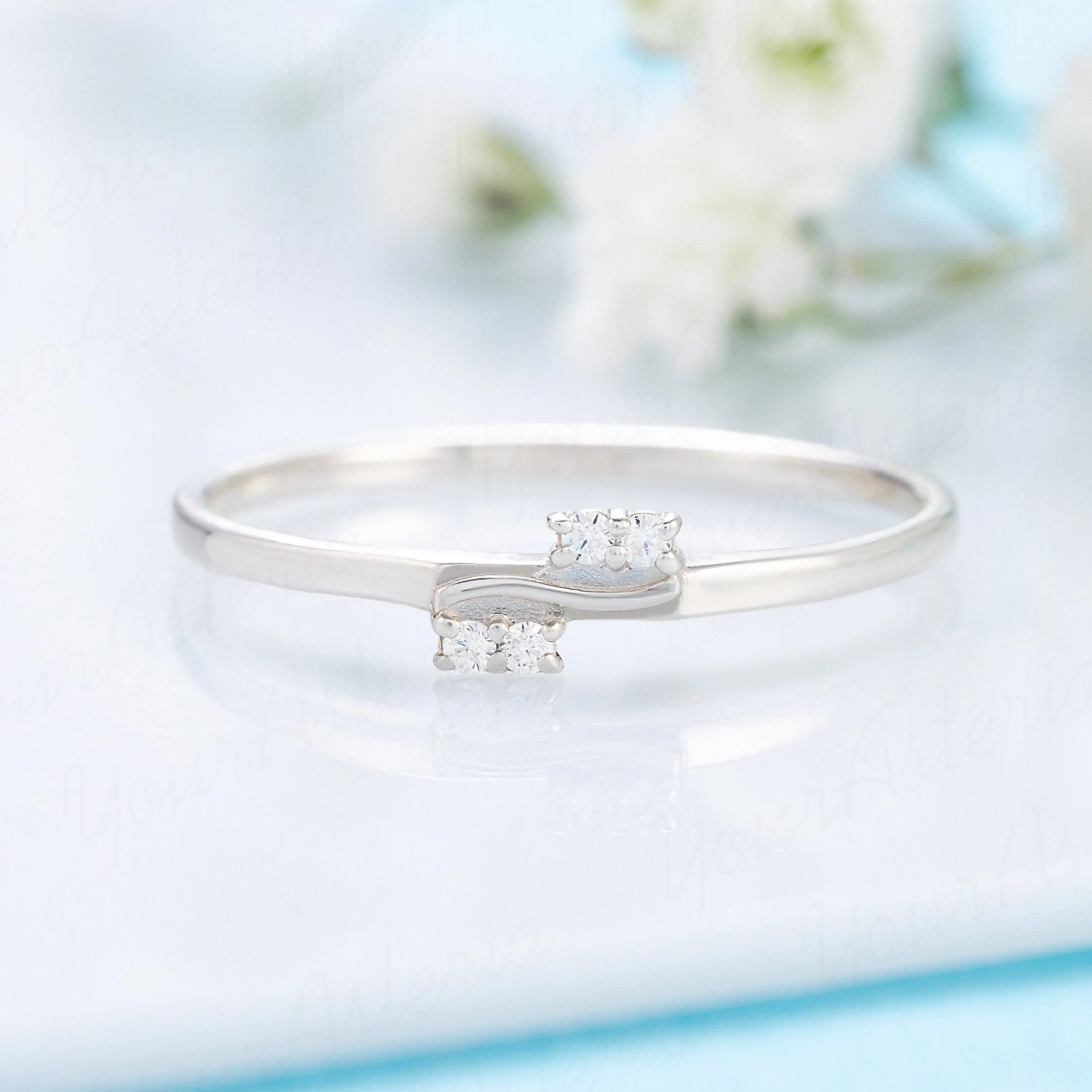 Dainty & elegant women 14k white gold diamond wave wedding band or stacking ring