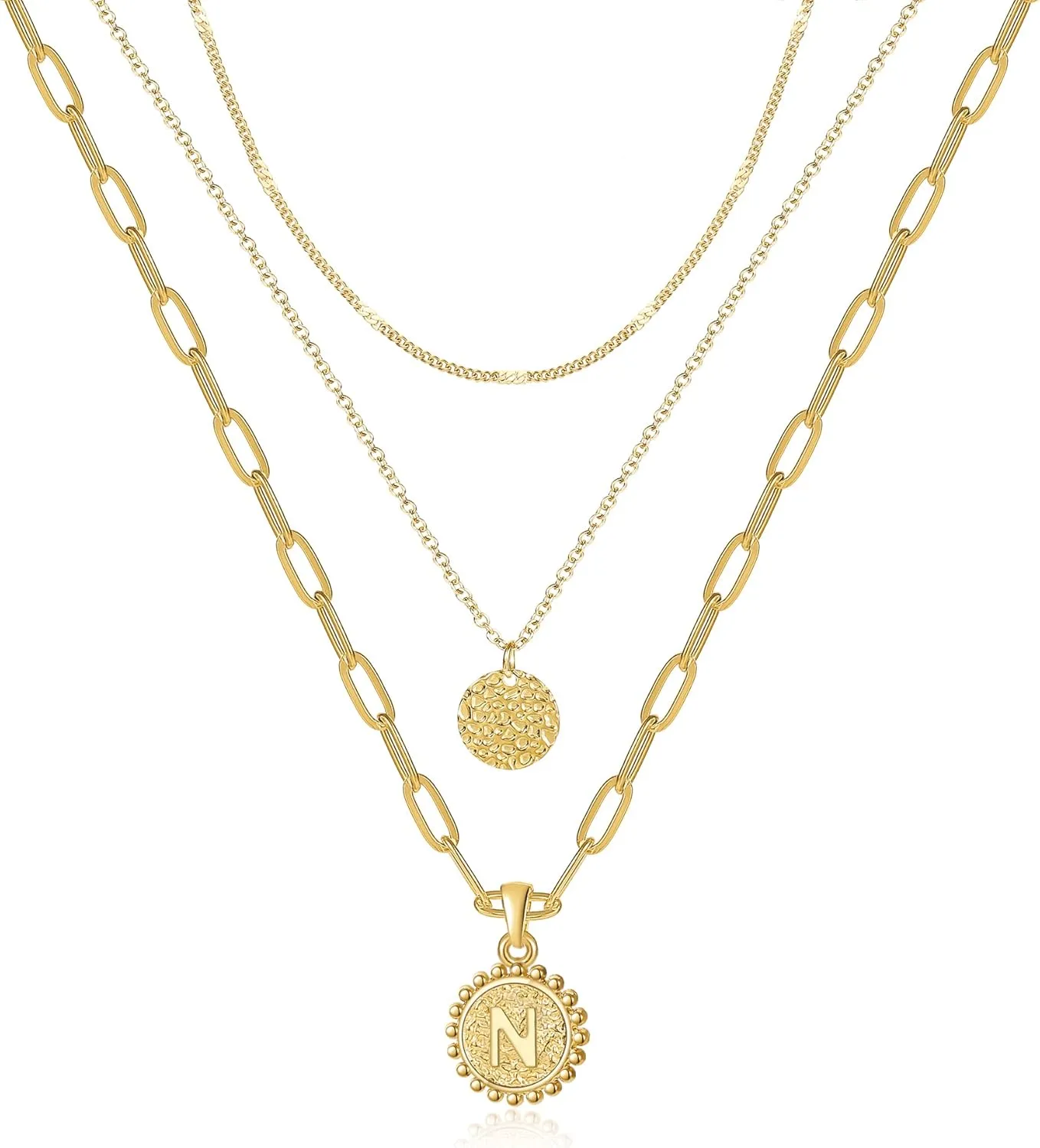 Dainty Gold Layered Initial Necklaces for Women, Adjustable Layering Choker Necklaces Set Multilayer Disc Pendant Paperlip Chain Necklaces Long Layered Necklace for Women