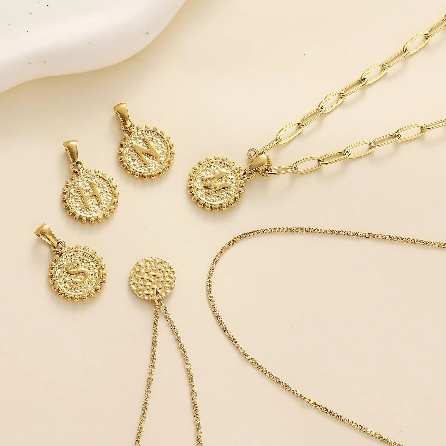 Dainty Gold Layered Initial Necklaces for Women, Adjustable Layering Choker Necklaces Set Multilayer Disc Pendant Paperlip Chain Necklaces Long Layered Necklace for Women
