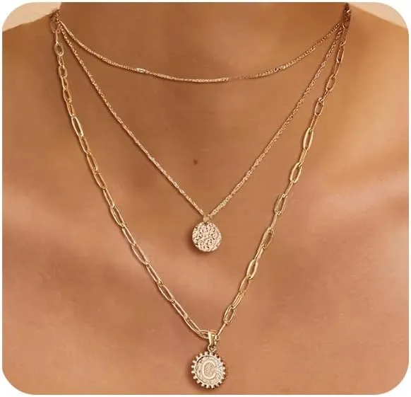 Dainty Gold Layered Initial Necklaces for Women, Adjustable Layering Choker Necklaces Set Multilayer Disc Pendant Paperlip Chain Necklaces Long Layered Necklace for Women