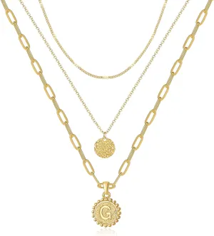 Dainty Gold Layered Initial Necklaces for Women, Adjustable Layering Choker Necklaces Set Multilayer Disc Pendant Paperlip Chain Necklaces Long Layered Necklace for Women