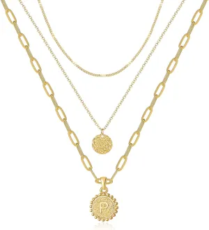 Dainty Gold Layered Initial Necklaces for Women, Adjustable Layering Choker Necklaces Set Multilayer Disc Pendant Paperlip Chain Necklaces Long Layered Necklace for Women