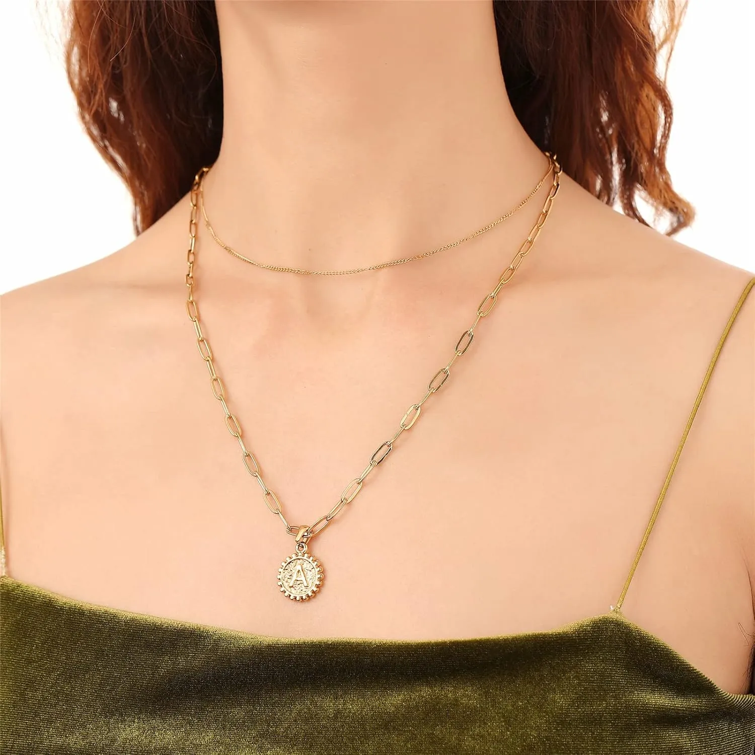 Dainty Gold Layered Initial Necklaces for Women, Adjustable Layering Choker Necklaces Set Multilayer Disc Pendant Paperlip Chain Necklaces Long Layered Necklace for Women