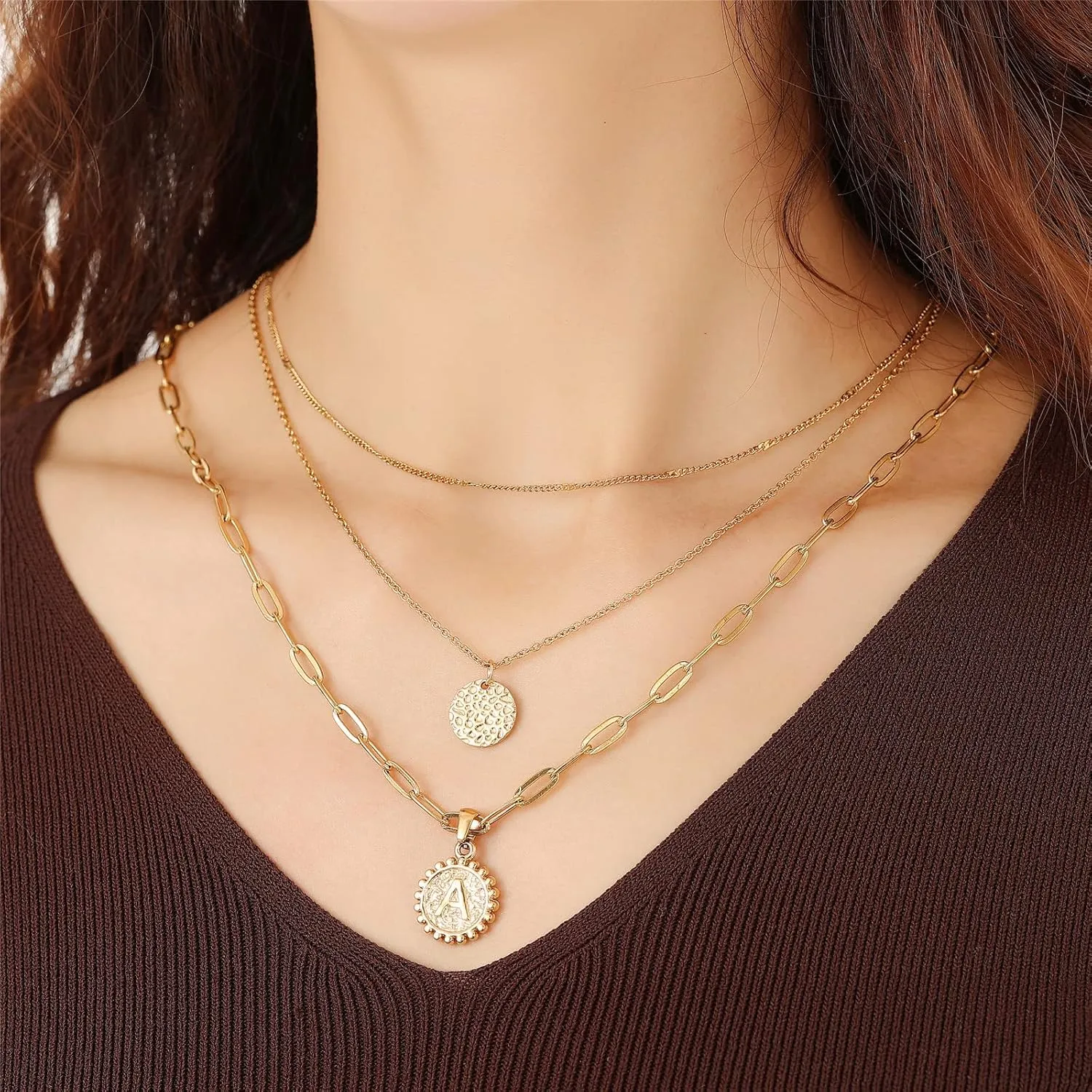Dainty Gold Layered Initial Necklaces for Women, Adjustable Layering Choker Necklaces Set Multilayer Disc Pendant Paperlip Chain Necklaces Long Layered Necklace for Women