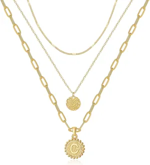 Dainty Gold Layered Initial Necklaces for Women, Adjustable Layering Choker Necklaces Set Multilayer Disc Pendant Paperlip Chain Necklaces Long Layered Necklace for Women