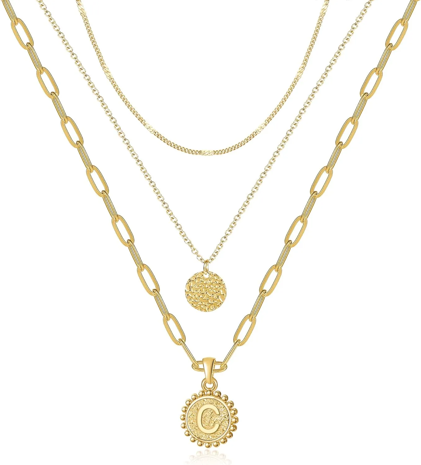 Dainty Gold Layered Initial Necklaces for Women, Adjustable Layering Choker Necklaces Set Multilayer Disc Pendant Paperlip Chain Necklaces Long Layered Necklace for Women