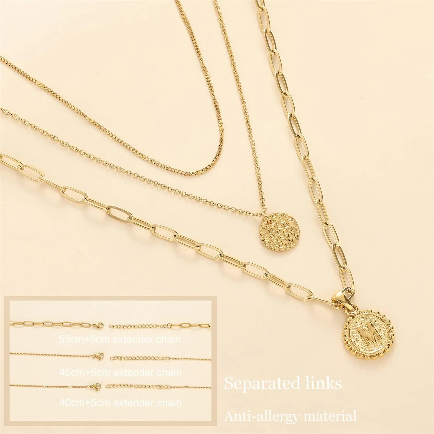 Dainty Gold Layered Initial Necklaces for Women, Adjustable Layering Choker Necklaces Set Multilayer Disc Pendant Paperlip Chain Necklaces Long Layered Necklace for Women