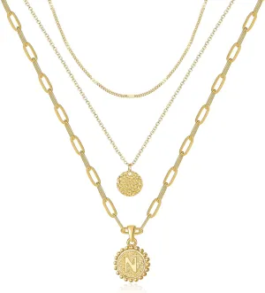 Dainty Gold Layered Initial Necklaces for Women, Adjustable Layering Choker Necklaces Set Multilayer Disc Pendant Paperlip Chain Necklaces Long Layered Necklace for Women