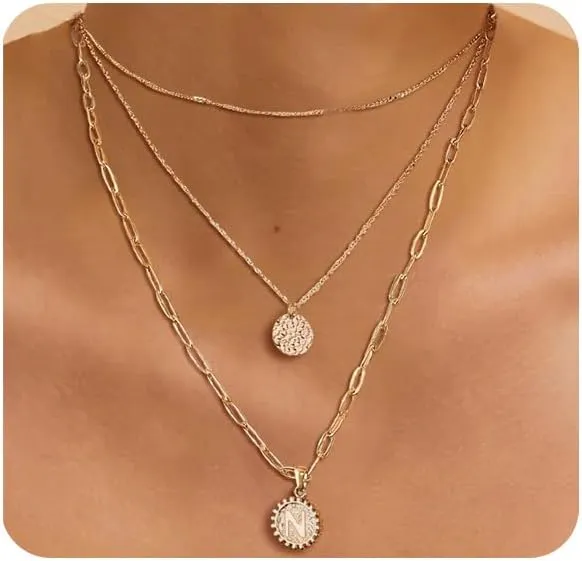 Dainty Gold Layered Initial Necklaces for Women, Adjustable Layering Choker Necklaces Set Multilayer Disc Pendant Paperlip Chain Necklaces Long Layered Necklace for Women