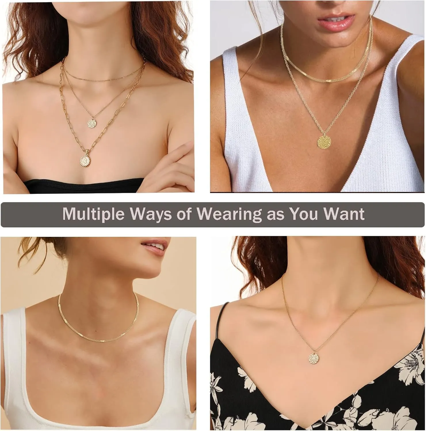 Dainty Gold Layered Initial Necklaces for Women, Adjustable Layering Choker Necklaces Set Multilayer Disc Pendant Paperlip Chain Necklaces Long Layered Necklace for Women