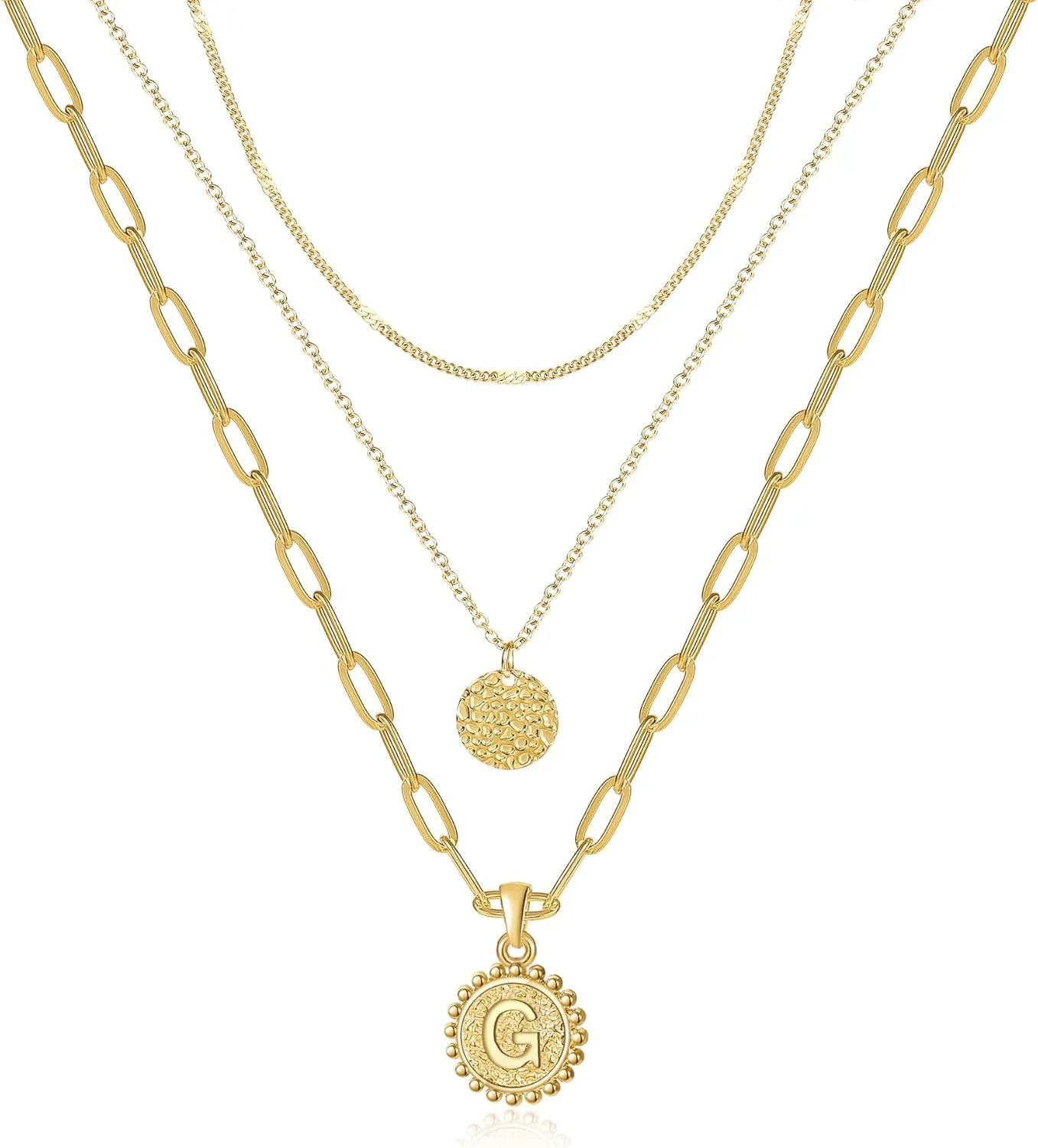 Dainty Gold Layered Initial Necklaces for Women, Adjustable Layering Choker Necklaces Set Multilayer Disc Pendant Paperlip Chain Necklaces Long Layered Necklace for Women