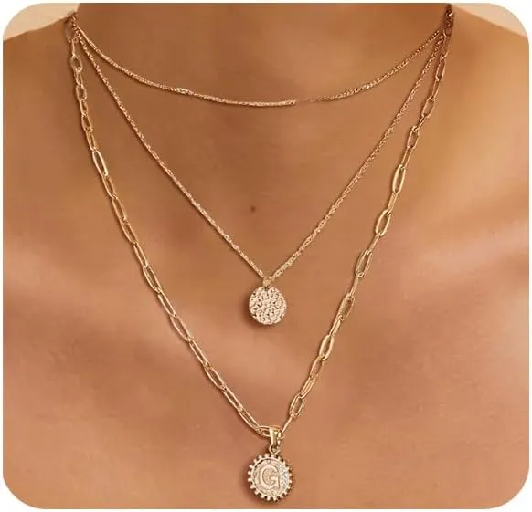 Dainty Gold Layered Initial Necklaces for Women, Adjustable Layering Choker Necklaces Set Multilayer Disc Pendant Paperlip Chain Necklaces Long Layered Necklace for Women