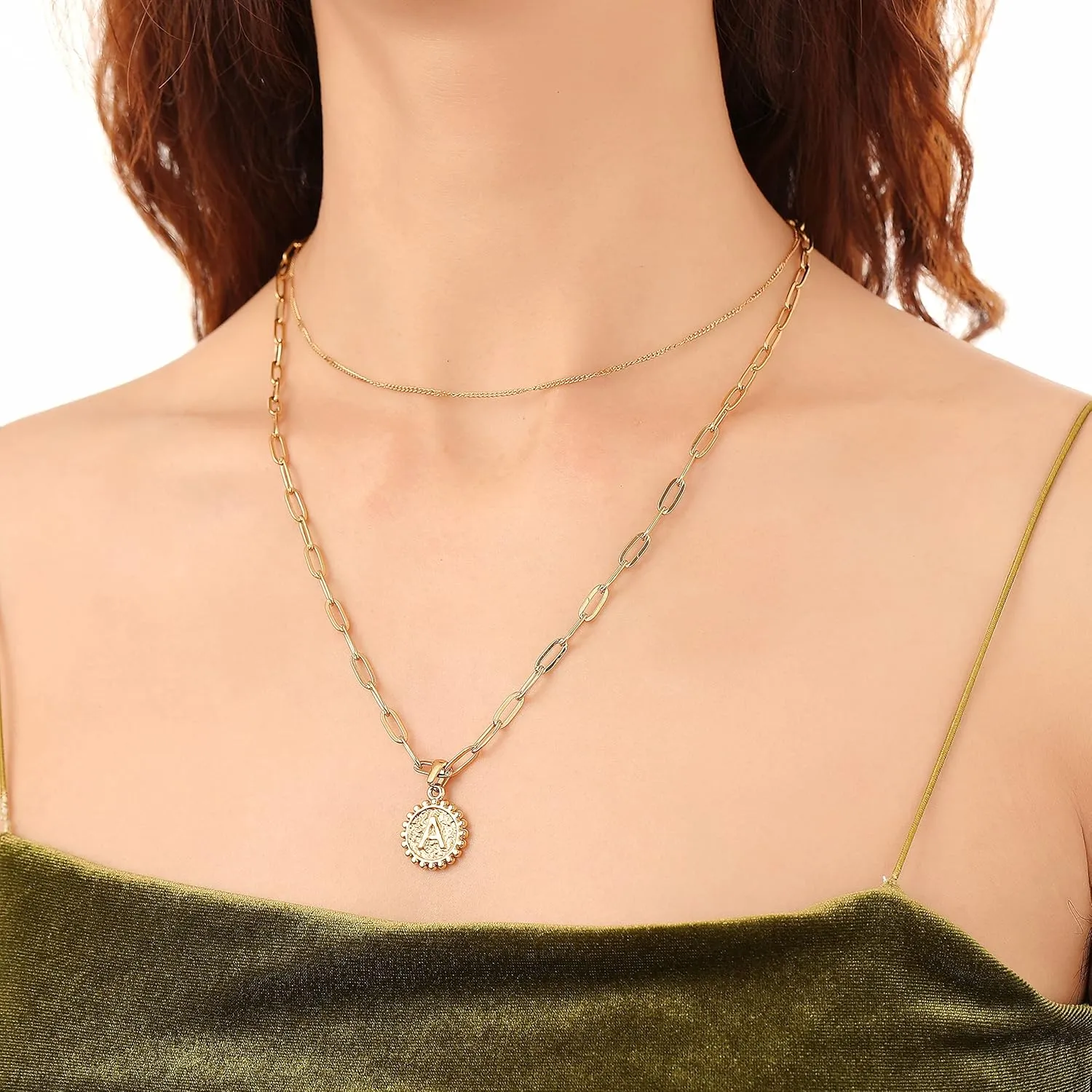 Dainty Gold Layered Initial Necklaces for Women, Adjustable Layering Choker Necklaces Set Multilayer Disc Pendant Paperlip Chain Necklaces Long Layered Necklace for Women