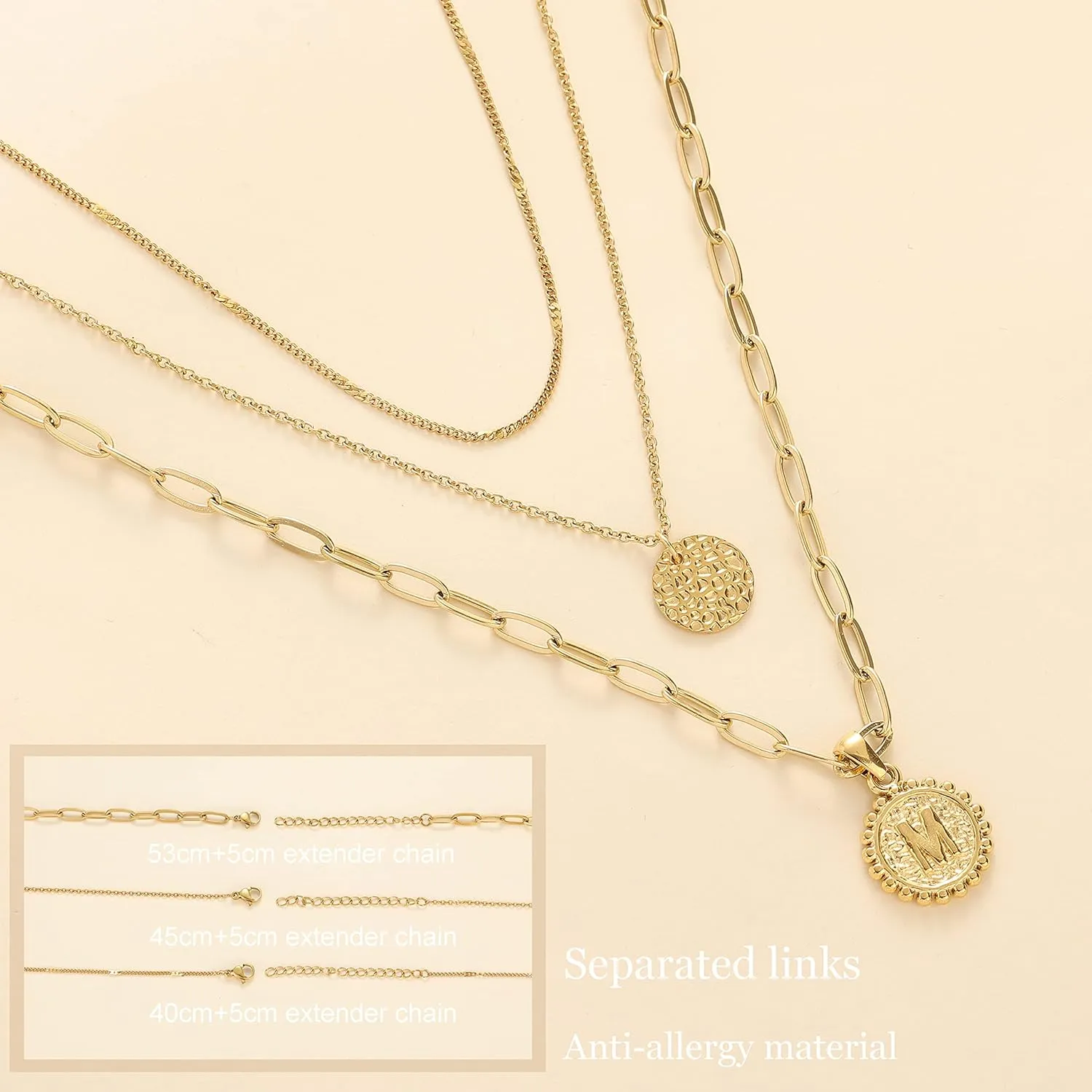 Dainty Gold Layered Initial Necklaces for Women, Adjustable Layering Choker Necklaces Set Multilayer Disc Pendant Paperlip Chain Necklaces Long Layered Necklace for Women