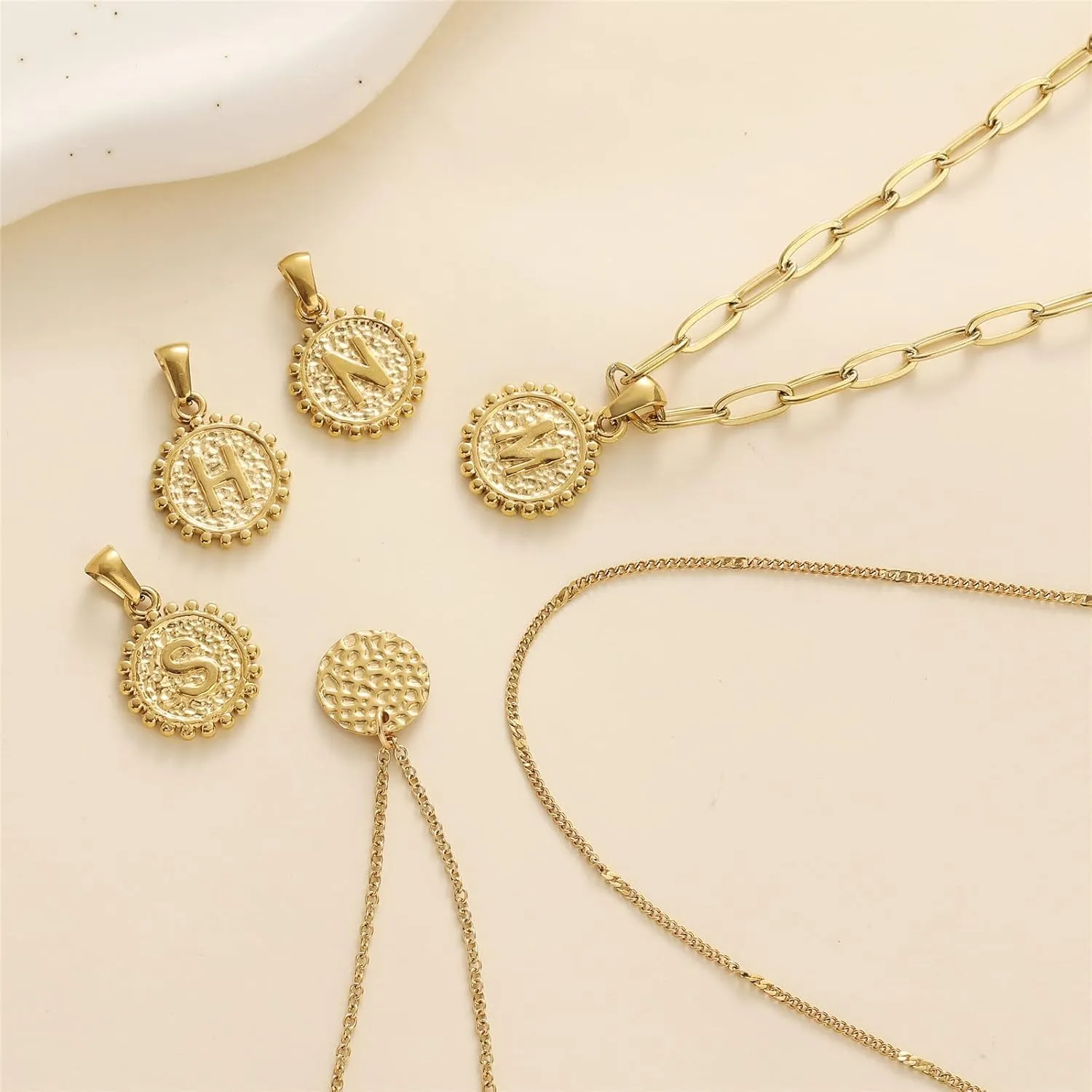 Dainty Gold Layered Initial Necklaces for Women, Adjustable Layering Choker Necklaces Set Multilayer Disc Pendant Paperlip Chain Necklaces Long Layered Necklace for Women