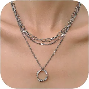 Dainty Gold Layered Necklaces for Women 14k Gold Chain Necklaces Geometric Circle Pendant Necklace Simple Stackable Pendant Necklaces Paperclip Chain Gold Choker Necklaces Gold Jewelry