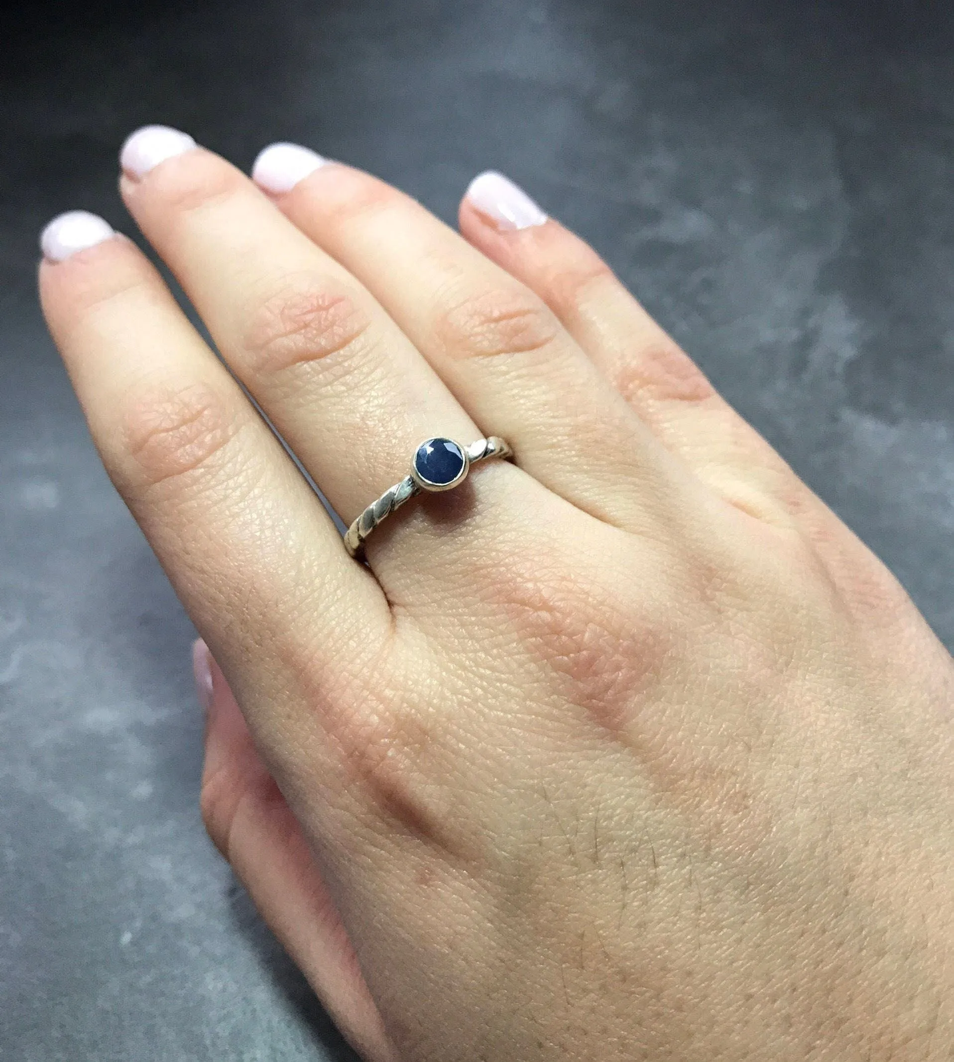 Dainty Sapphire Ring - Round Bezel Ring - September Birthstone Ring