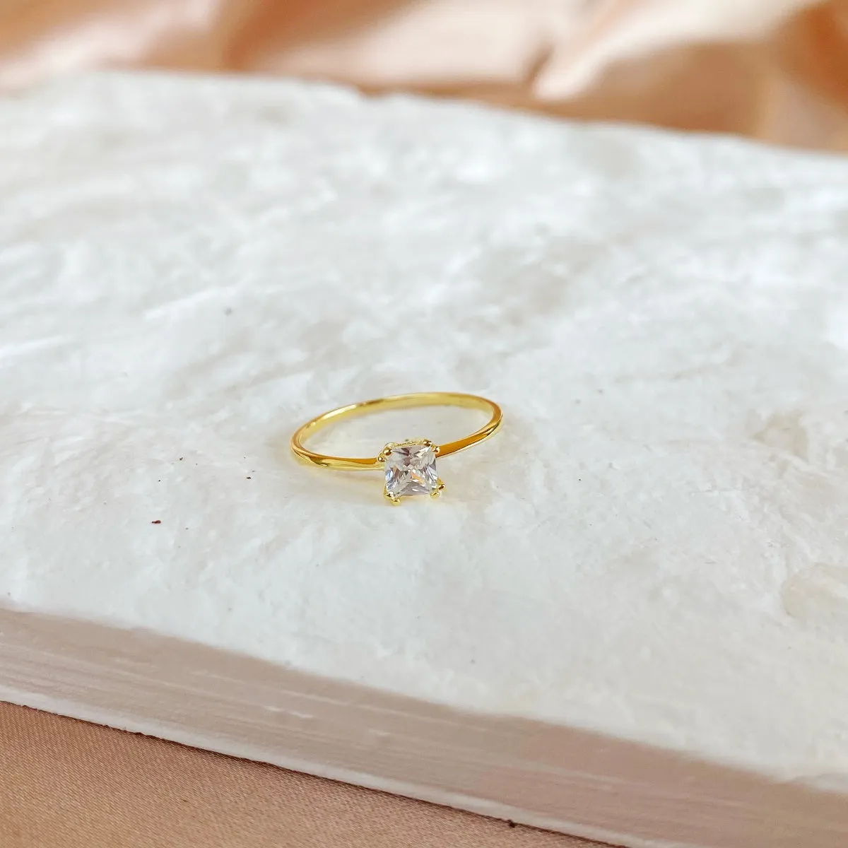 Dainty Square Princess Cut Solitaire Promise Ring - Gold