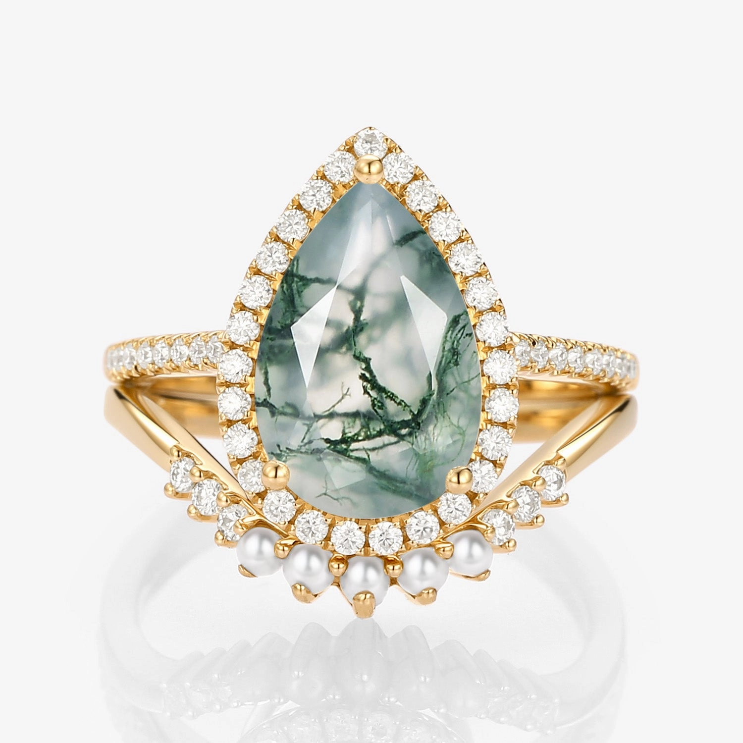 Glowing Feature 4.0ct Pear Moss Agate & Pearl Halo Ring Set 2pcs - Verena
