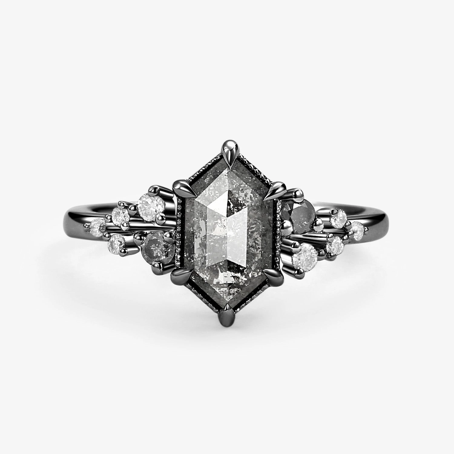 Wedding Outfit Bold Option Hexagon Salt and Pepper Diamonds Stacking Engagement Ring - Sophia