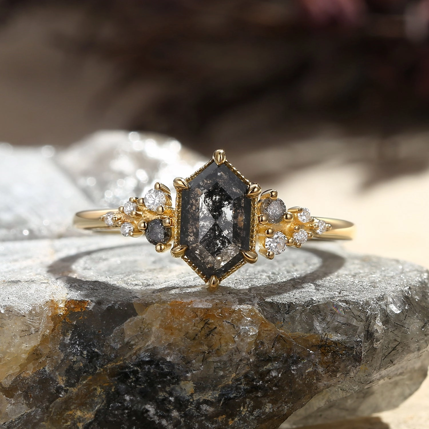 Highlight Edge Hexagon Salt and Pepper Diamonds Stacking Engagement Ring - Sophia