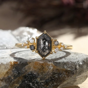 Highlight Edge Hexagon Salt and Pepper Diamonds Stacking Engagement Ring - Sophia