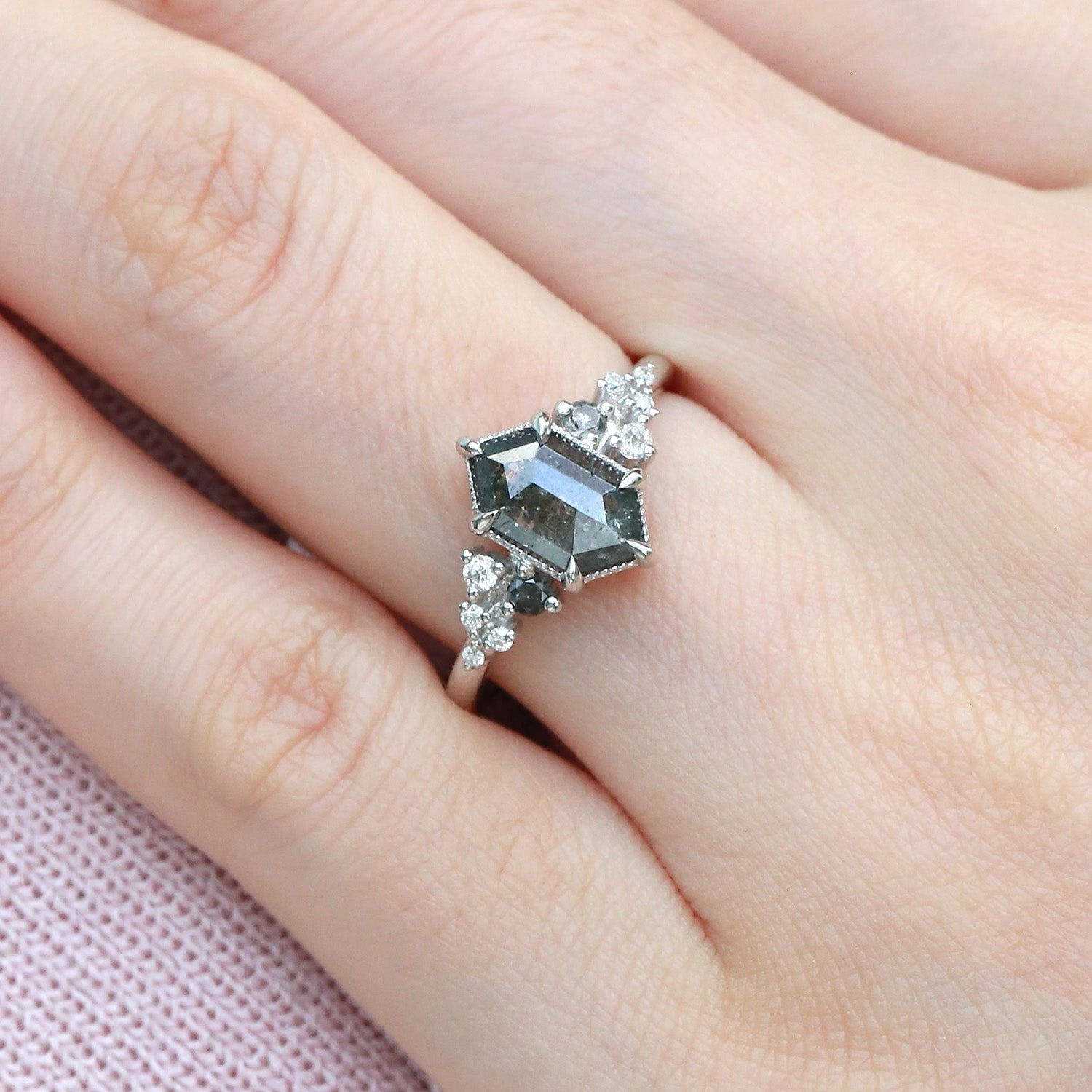 Everyday Charm Understated Finish Hexagon Salt and Pepper Diamonds Stacking Engagement Ring - Sophia