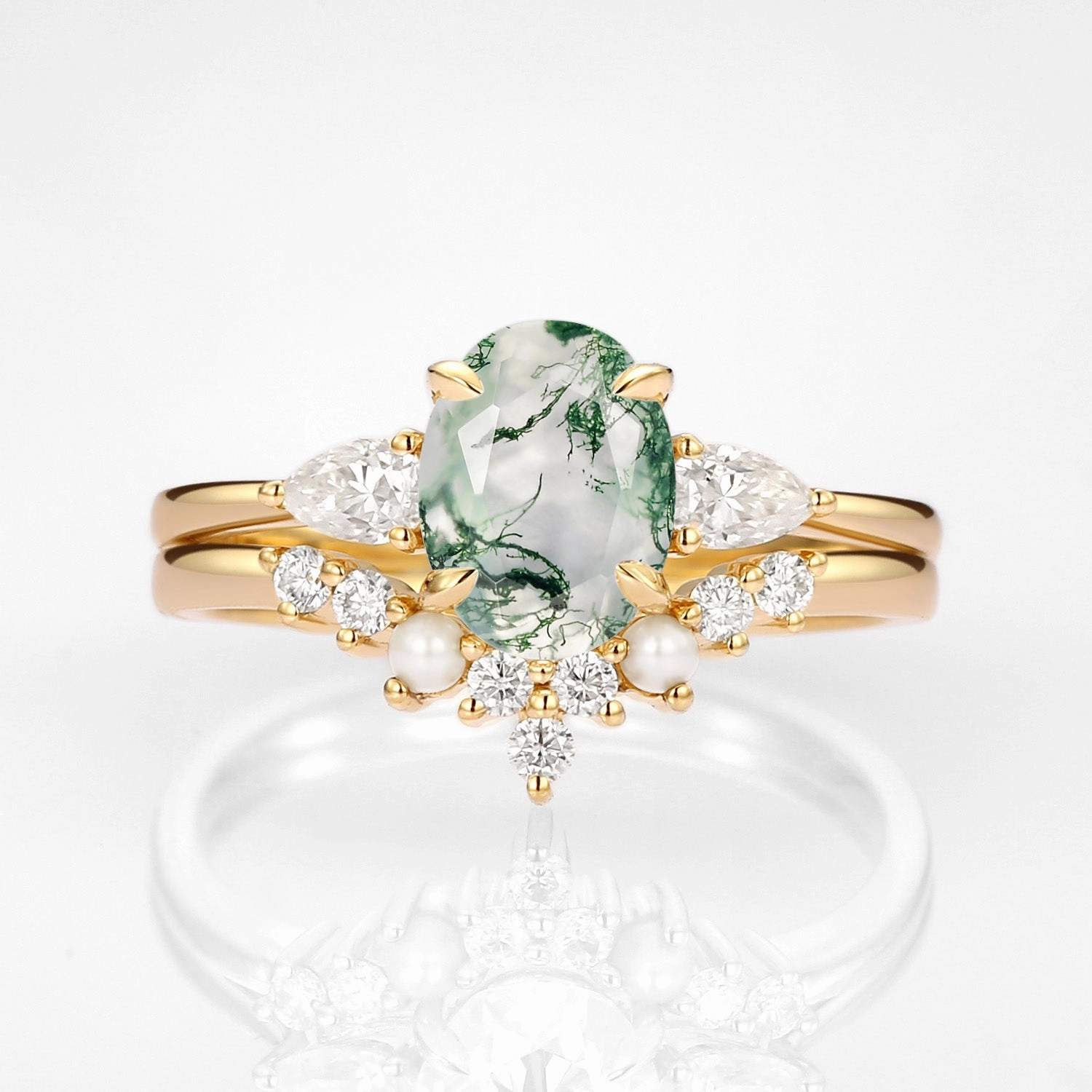 Oval Cut Moss Agate Vintage Gold Ring Set 2pcs - Nancy Sophisticated Touch