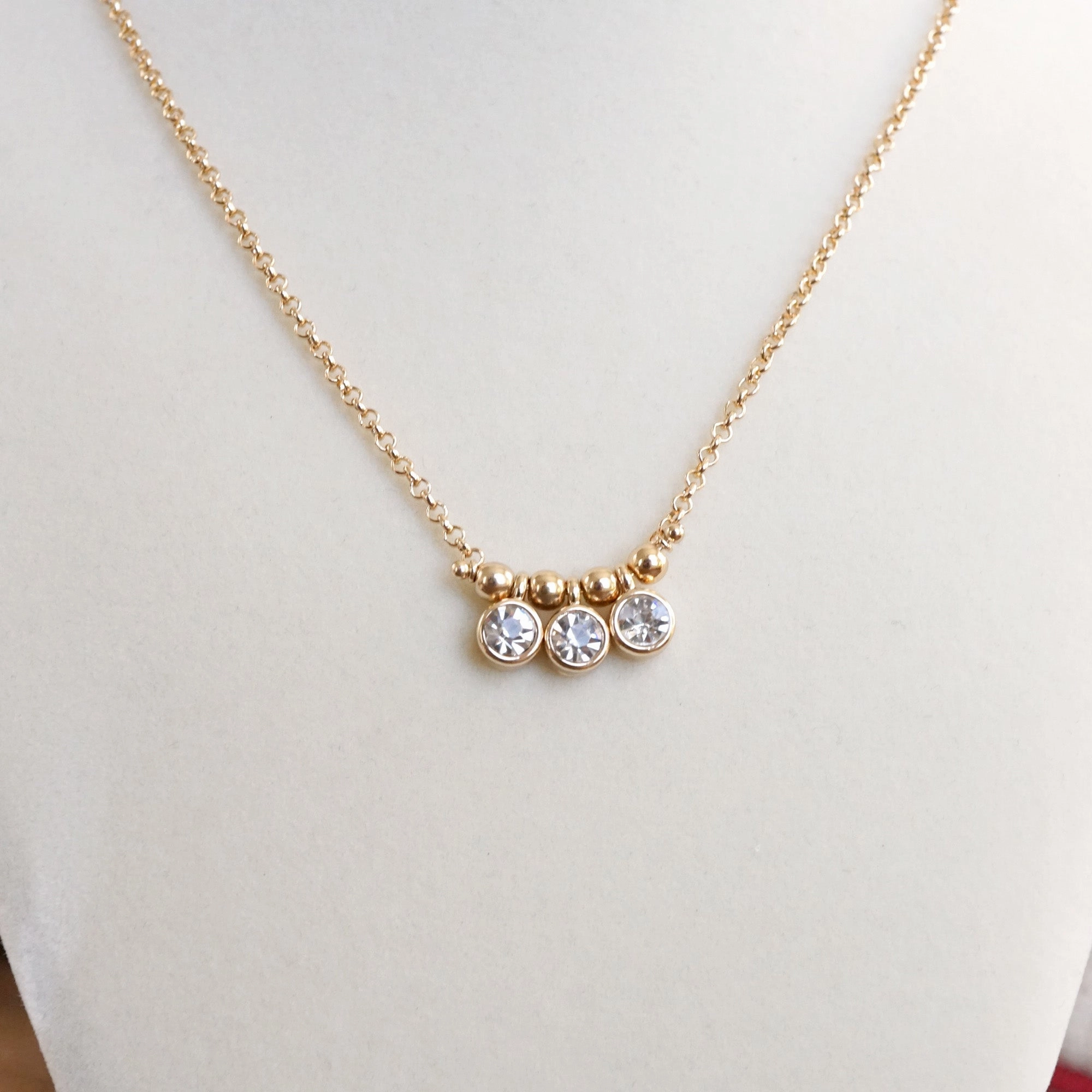 Dainty Crystal Bezel Necklace with Golden Ball Beads - Clear, Gray, Brown Affordable Design Minimalist Look