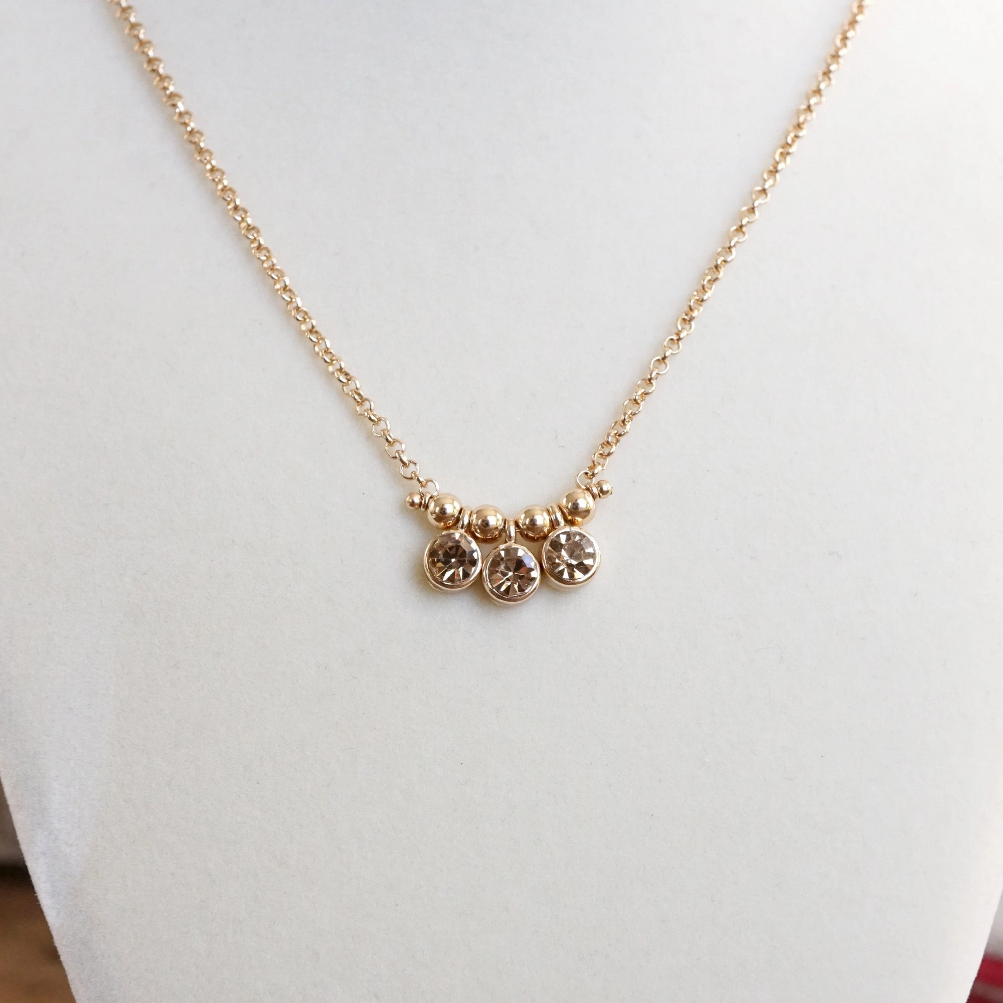 Dainty Crystal Bezel Necklace with Golden Ball Beads - Clear, Gray, Brown Casual Chain Accessory