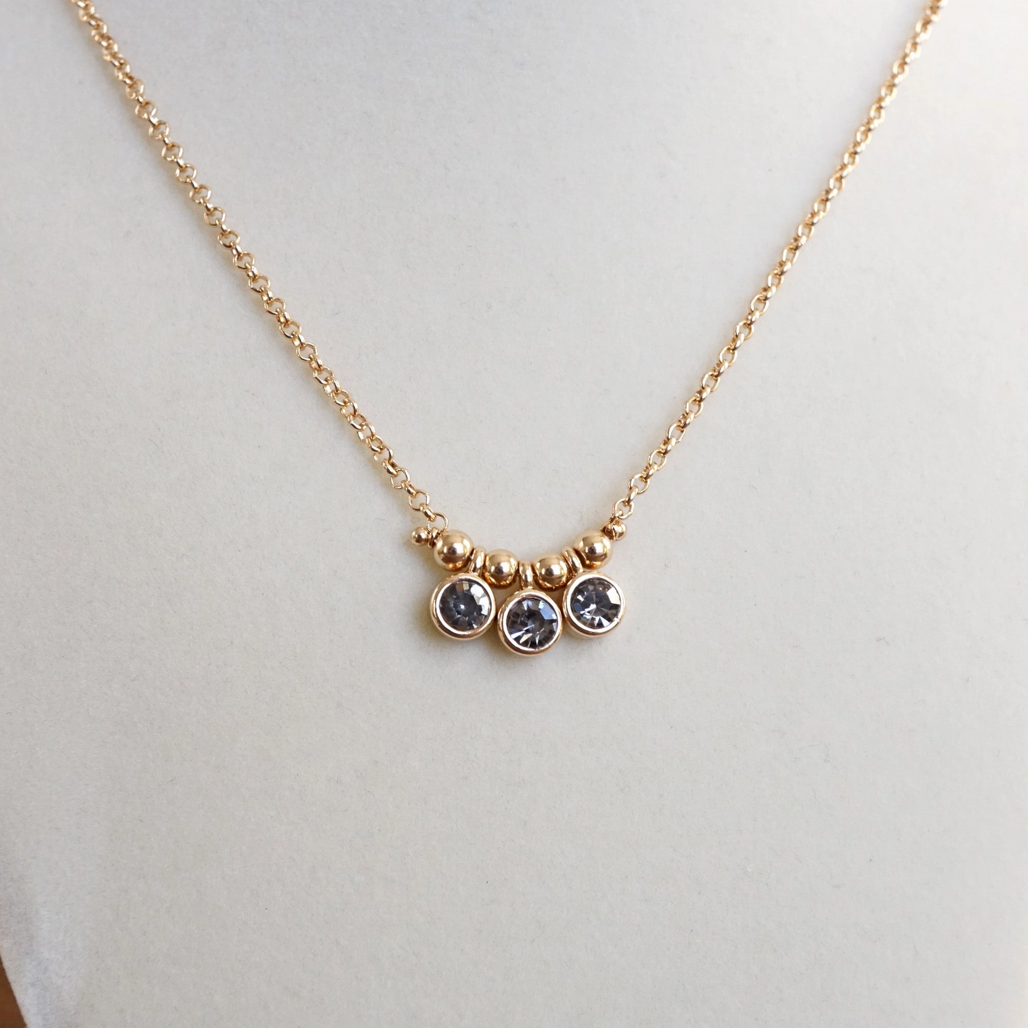 Dainty Crystal Bezel Necklace with Golden Ball Beads - Clear, Gray, Brown Evening Party