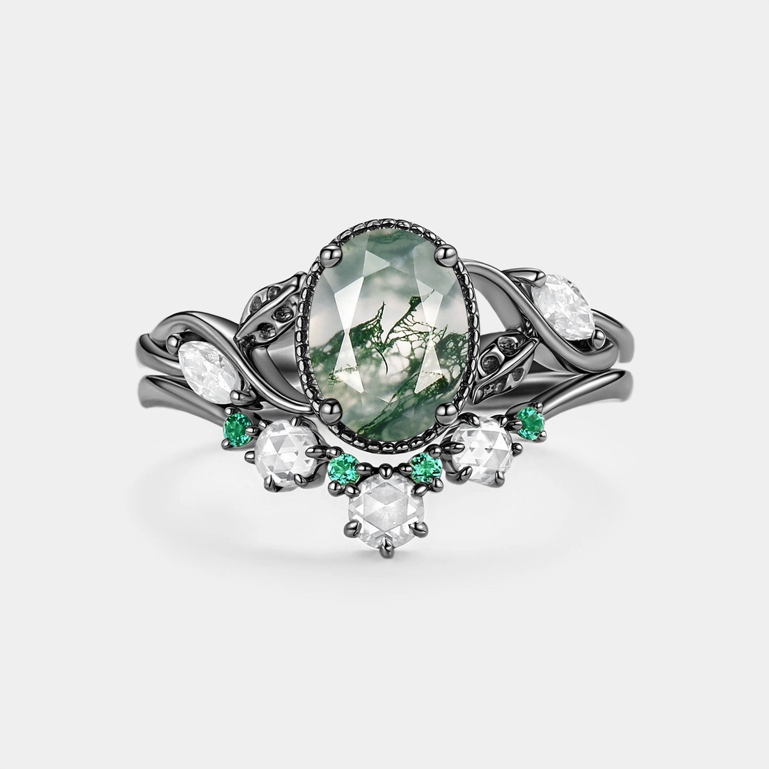 Moss Agate & Lab Emerald Oval Cut Leaf Ring Set 2pcs - Lora Elegant Contour Creative Detail