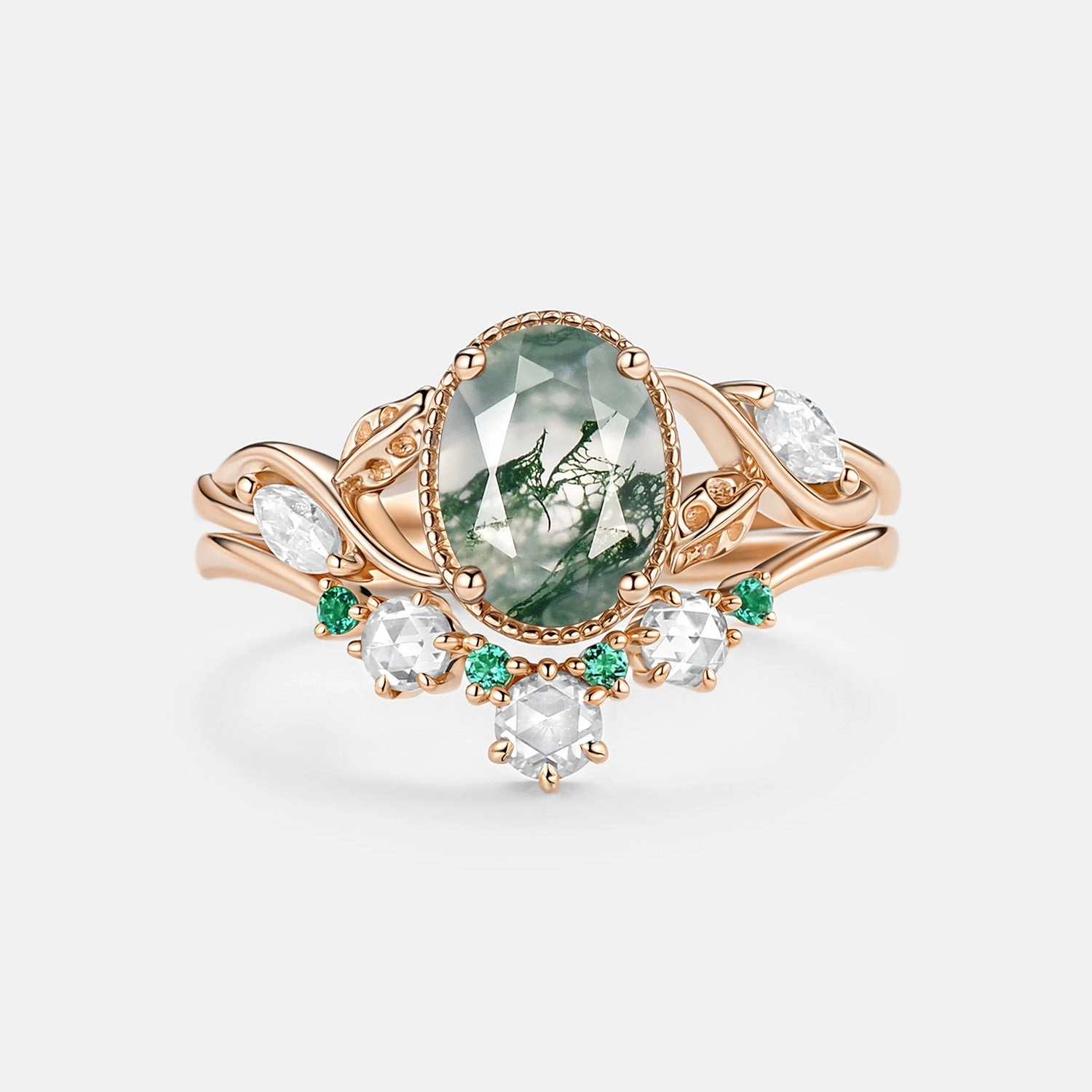 Moss Agate & Lab Emerald Oval Cut Leaf Ring Set 2pcs - Lora Chic Gem