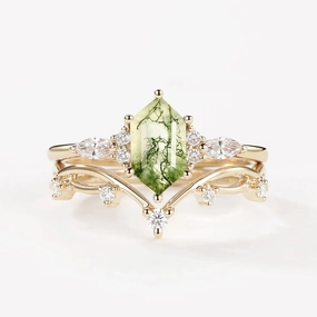 Unique Piece Impeccable Accent Moss Agate Elongated Hexagon Engagement Ring Set 2pcs - Ona