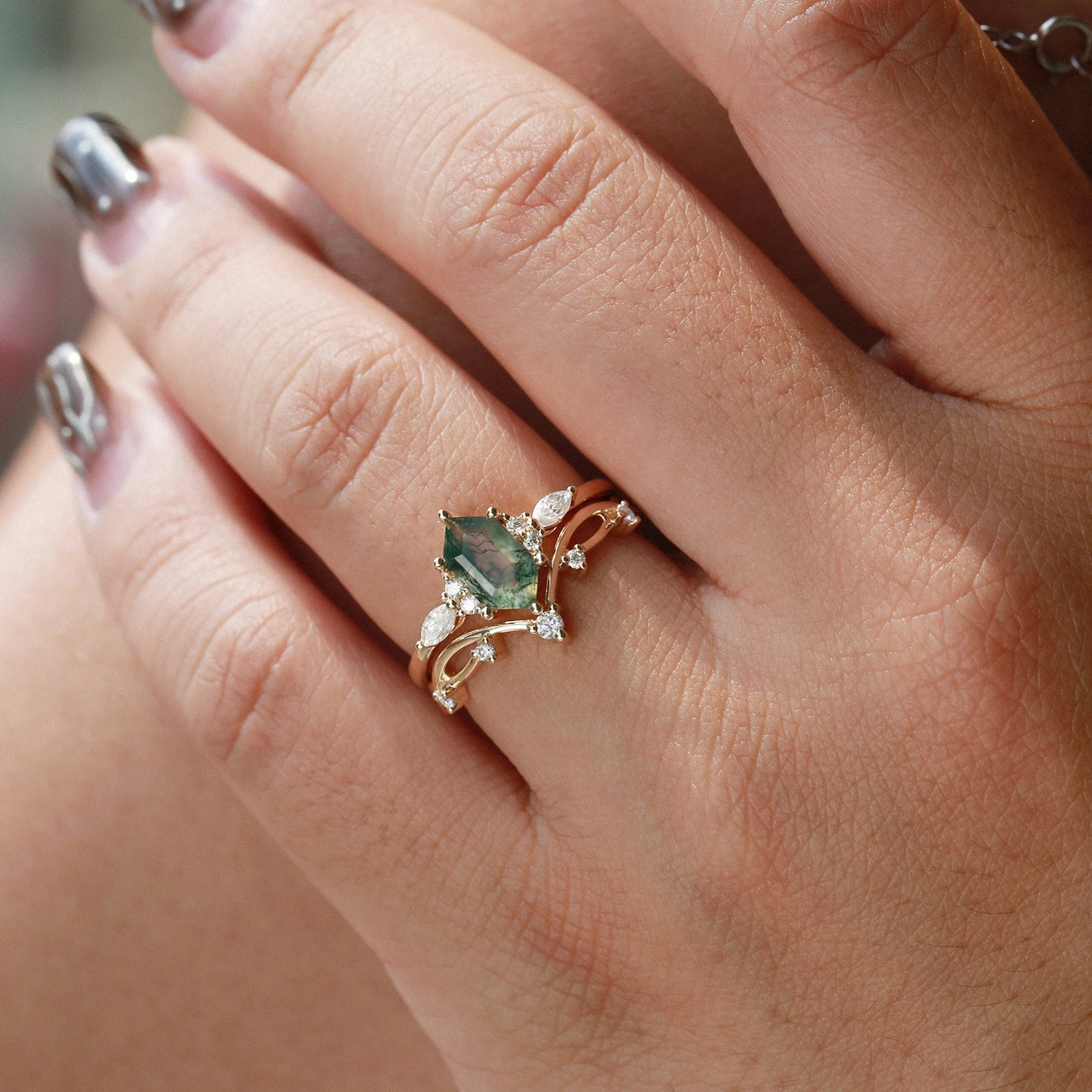 Moss Agate Elongated Hexagon Engagement Ring Set 2pcs - Ona True Touch