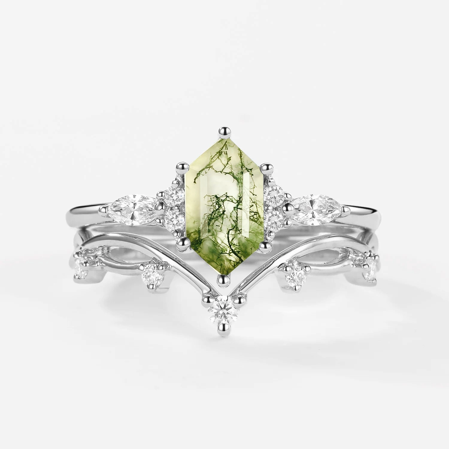 Moss Agate Elongated Hexagon Engagement Ring Set 2pcs - Ona Creative Design Gift worthy