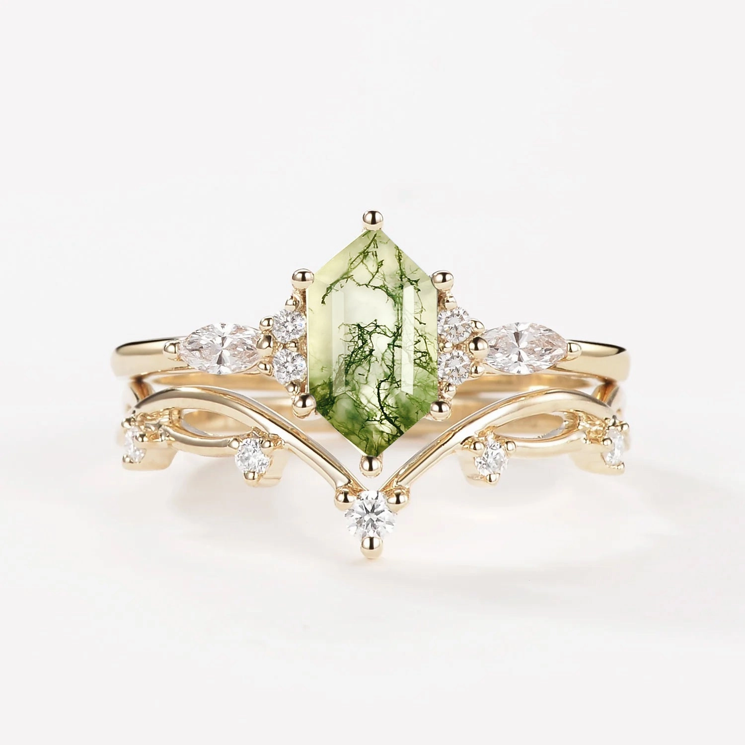 Unique Piece Impeccable Accent Moss Agate Elongated Hexagon Engagement Ring Set 2pcs - Ona