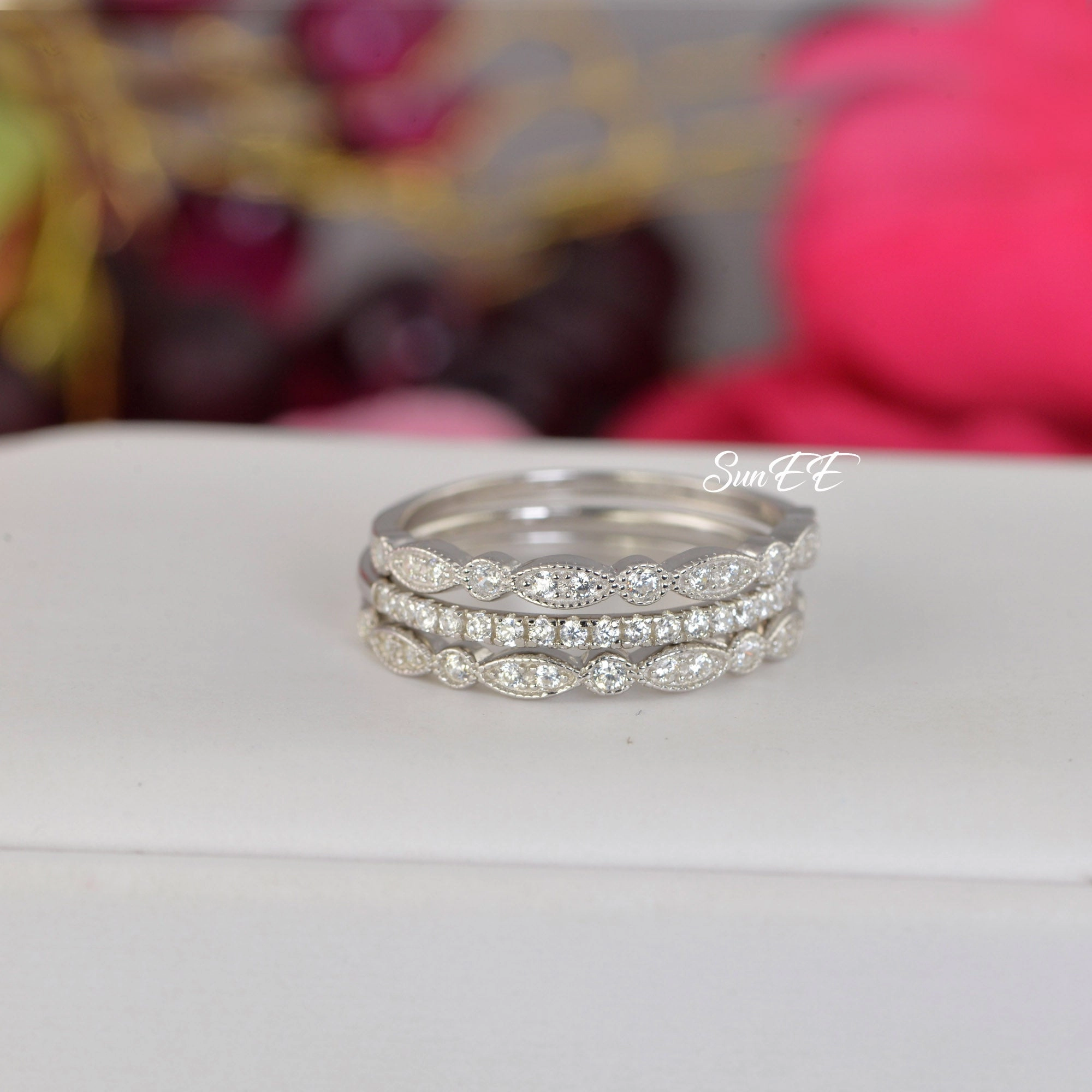 0.7ct Half Eternity & Art Deco Wedding Band Stack Promise Ring Diamond Simulated 925 Sterling Silver Anniversary Ring SKU:00203 Trend Setter